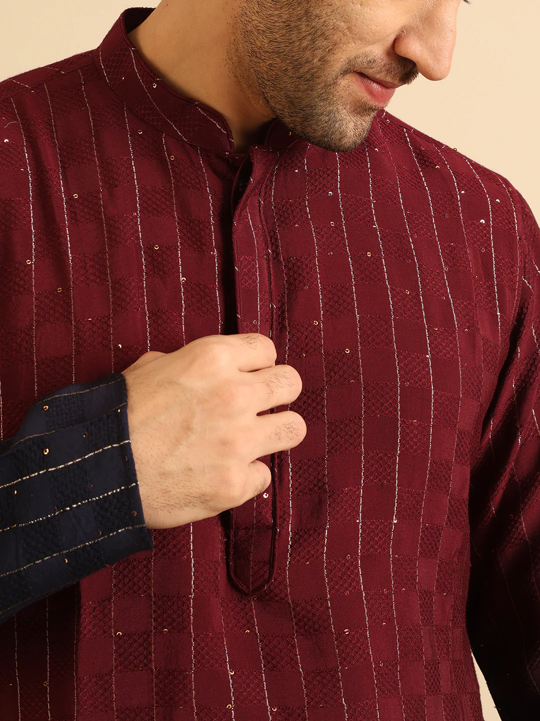 Wine Navy Ombre Sequinned Kurta - Image 6