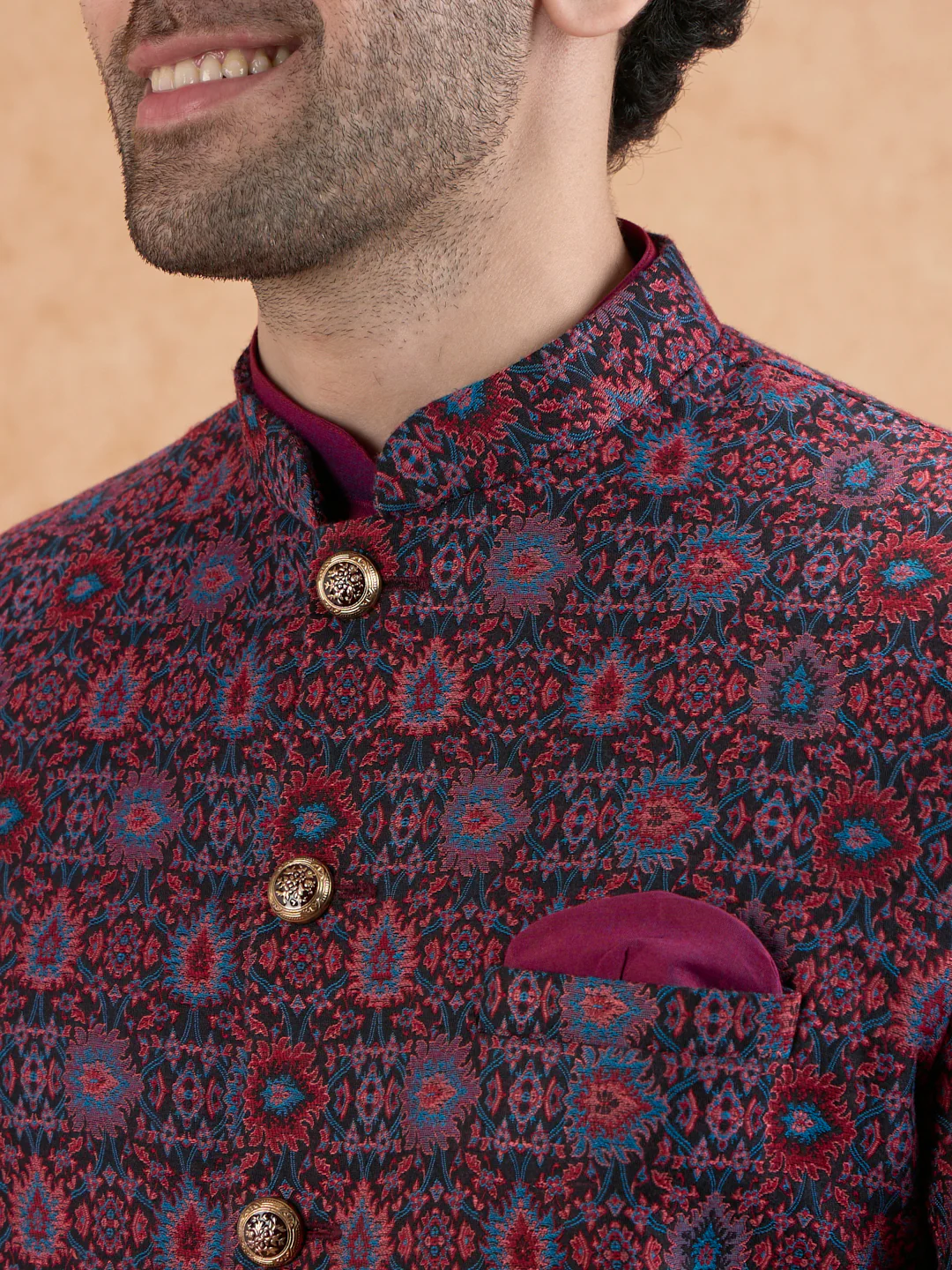 Men Magenta Kurta Sherwani Churidar Set - Image 2