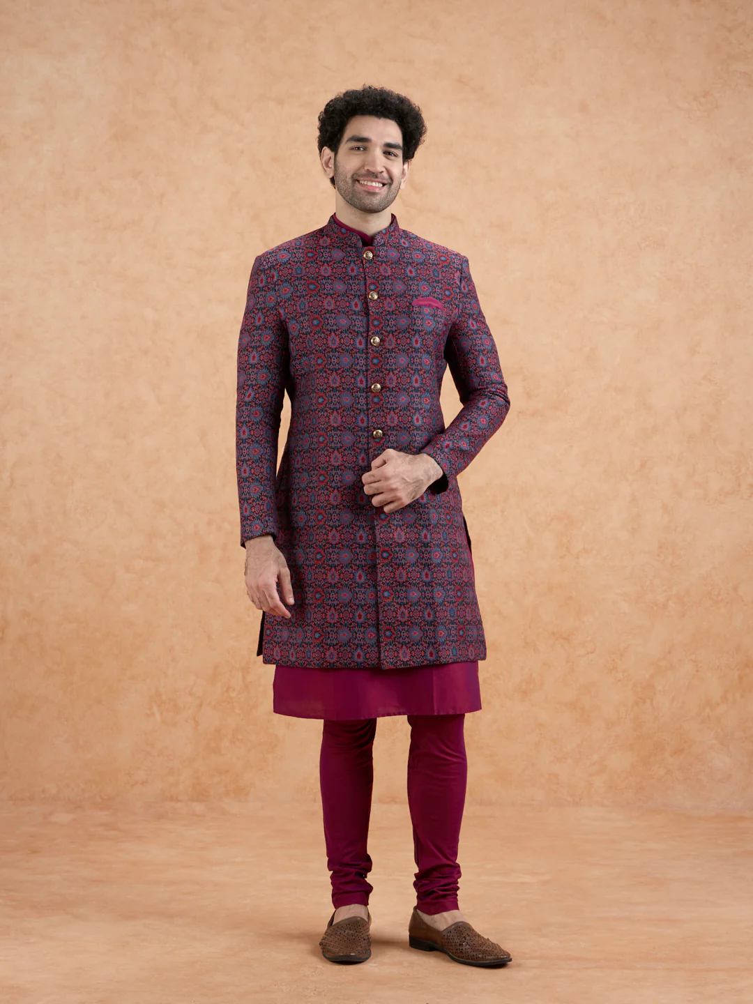 Men Magenta Kurta Sherwani Churidar Set - Image 8