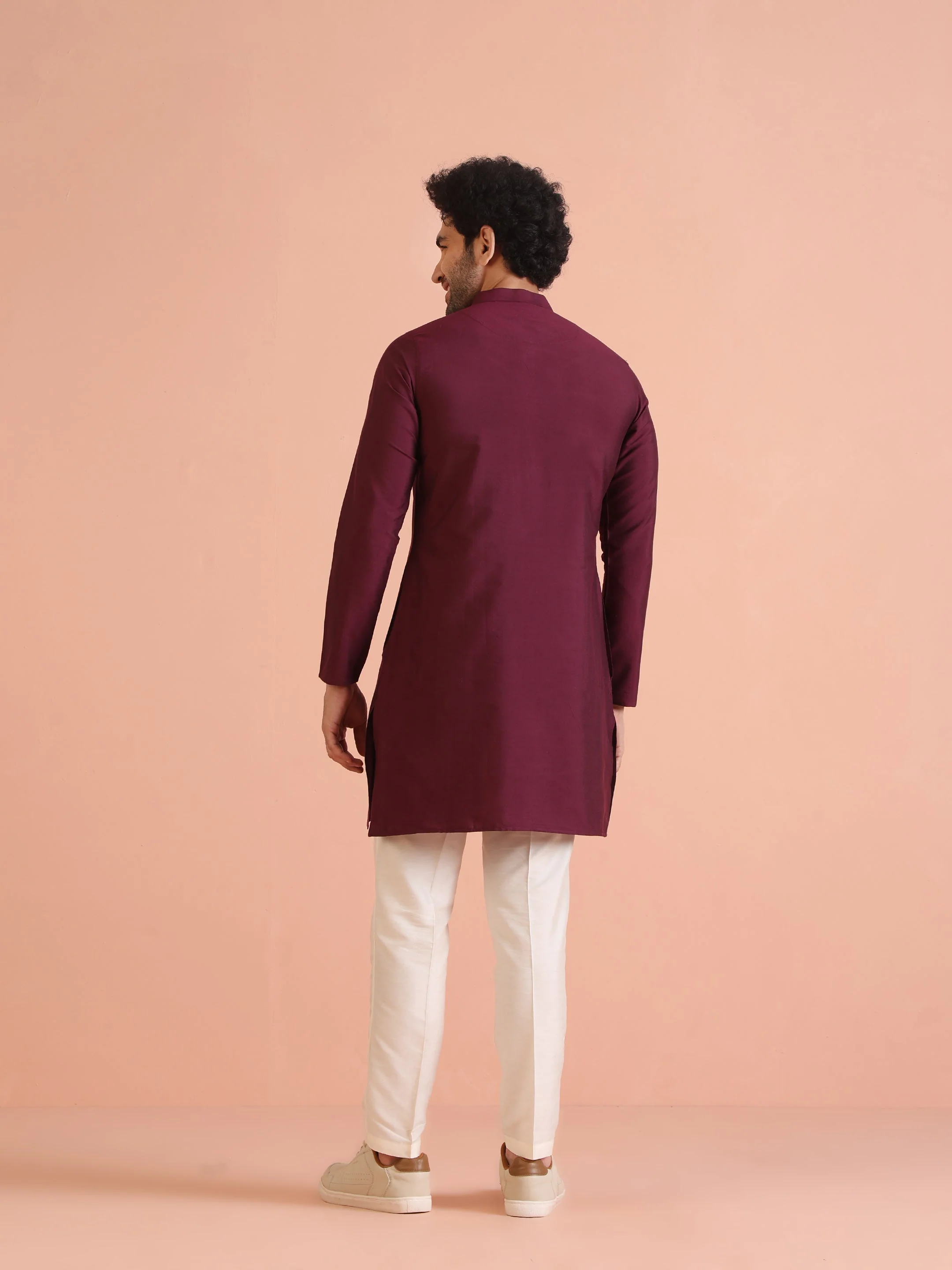 Maroon Solid Kurta Set with Cream Trouser Elegant Festive Ethnic Wear - Image 10