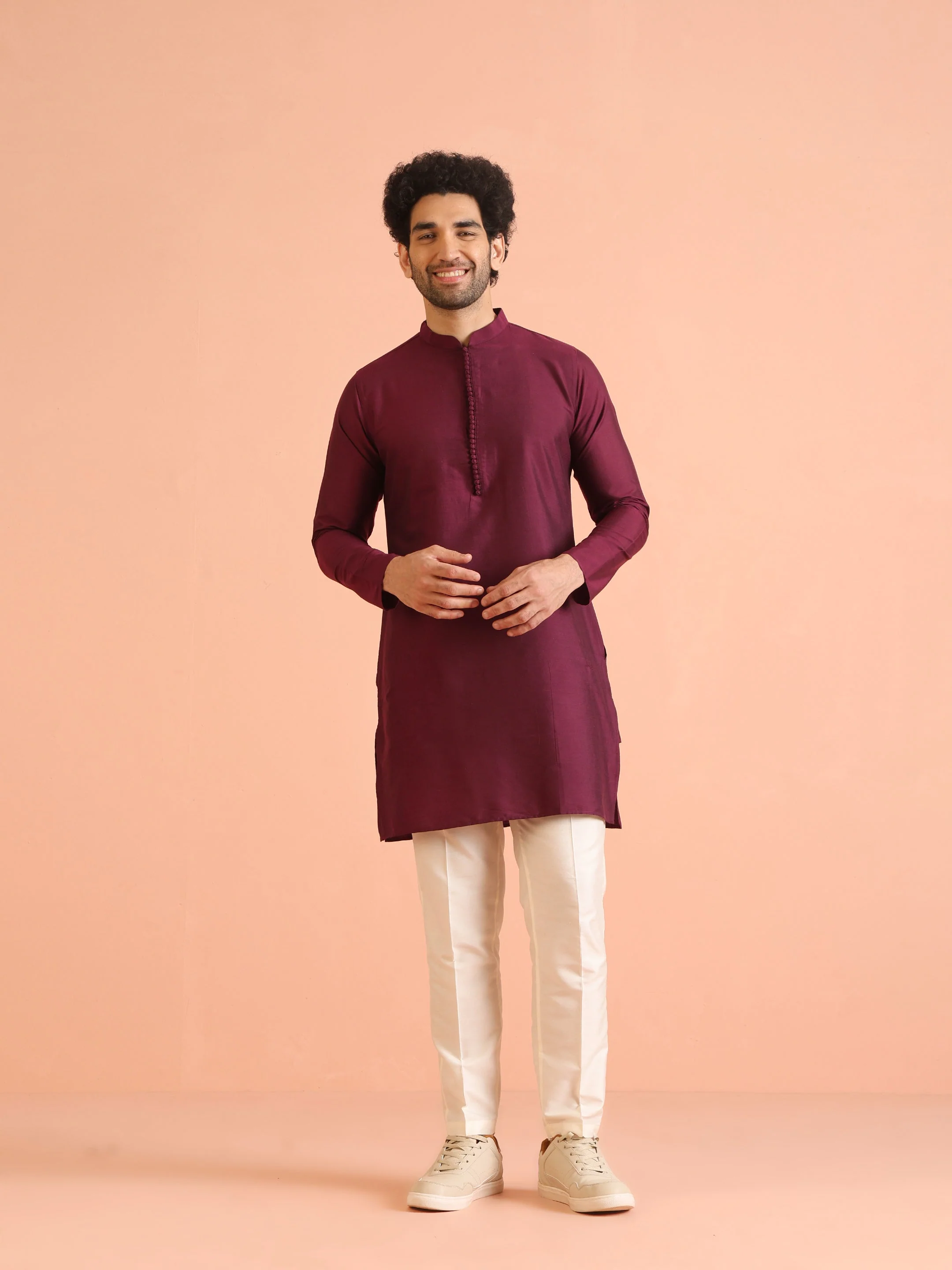 Maroon Solid Kurta Set with Cream Trouser Elegant Festive Ethnic Wear - Image 14