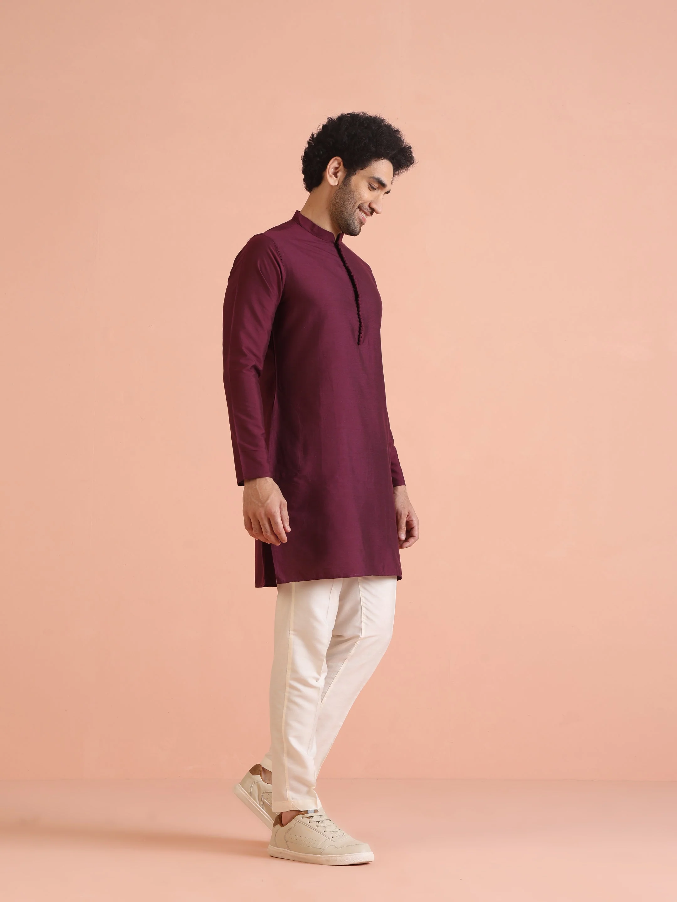 Maroon Solid Kurta Set with Cream Trouser Elegant Festive Ethnic Wear - Image 15