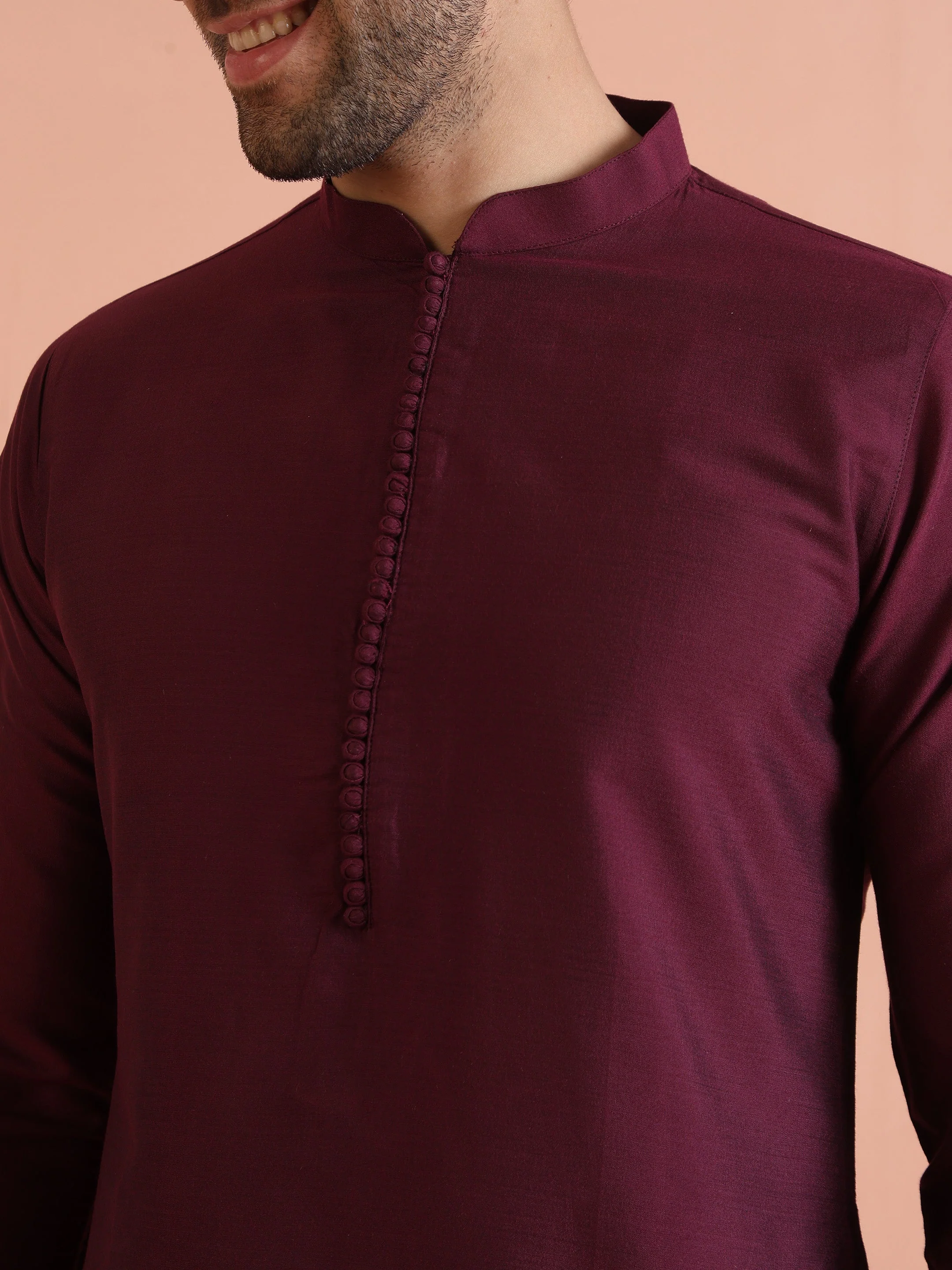 Maroon Solid Kurta Set with Cream Trouser Elegant Festive Ethnic Wear - Image 18