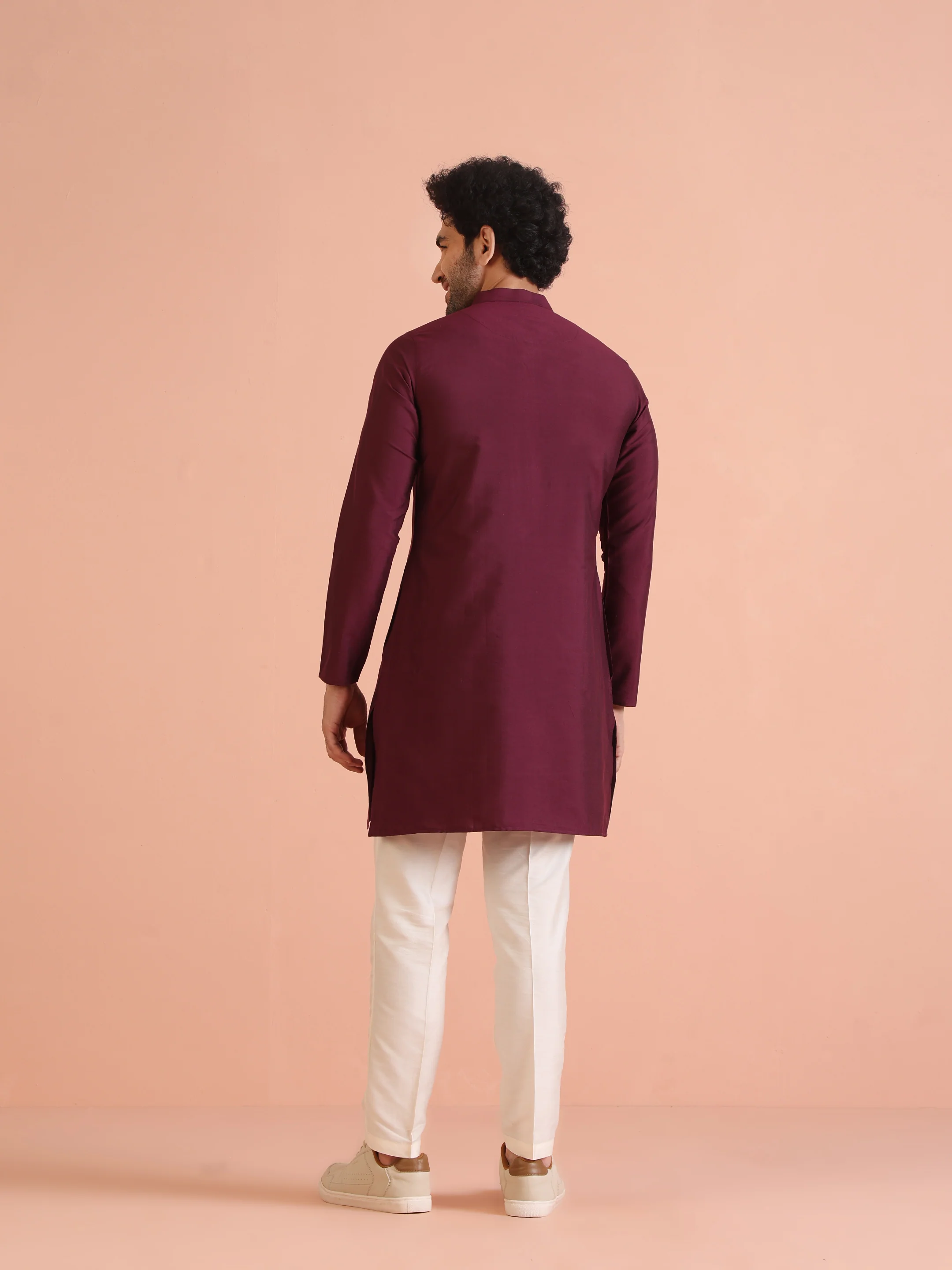 Maroon Solid Kurta Set with Cream Trouser Elegant Festive Ethnic Wear - Image 3