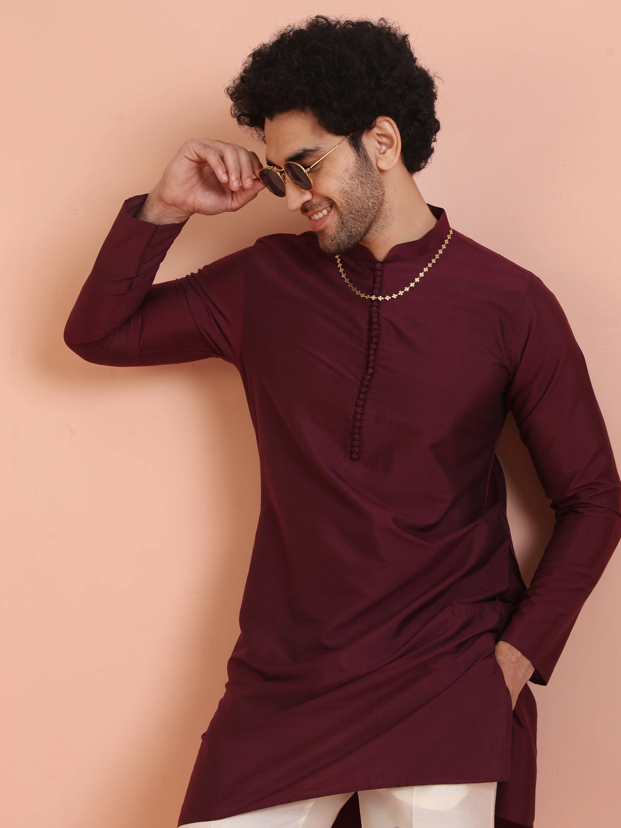 Maroon Solid Kurta Set with Cream Trouser Elegant Festive Ethnic Wear - Image 6