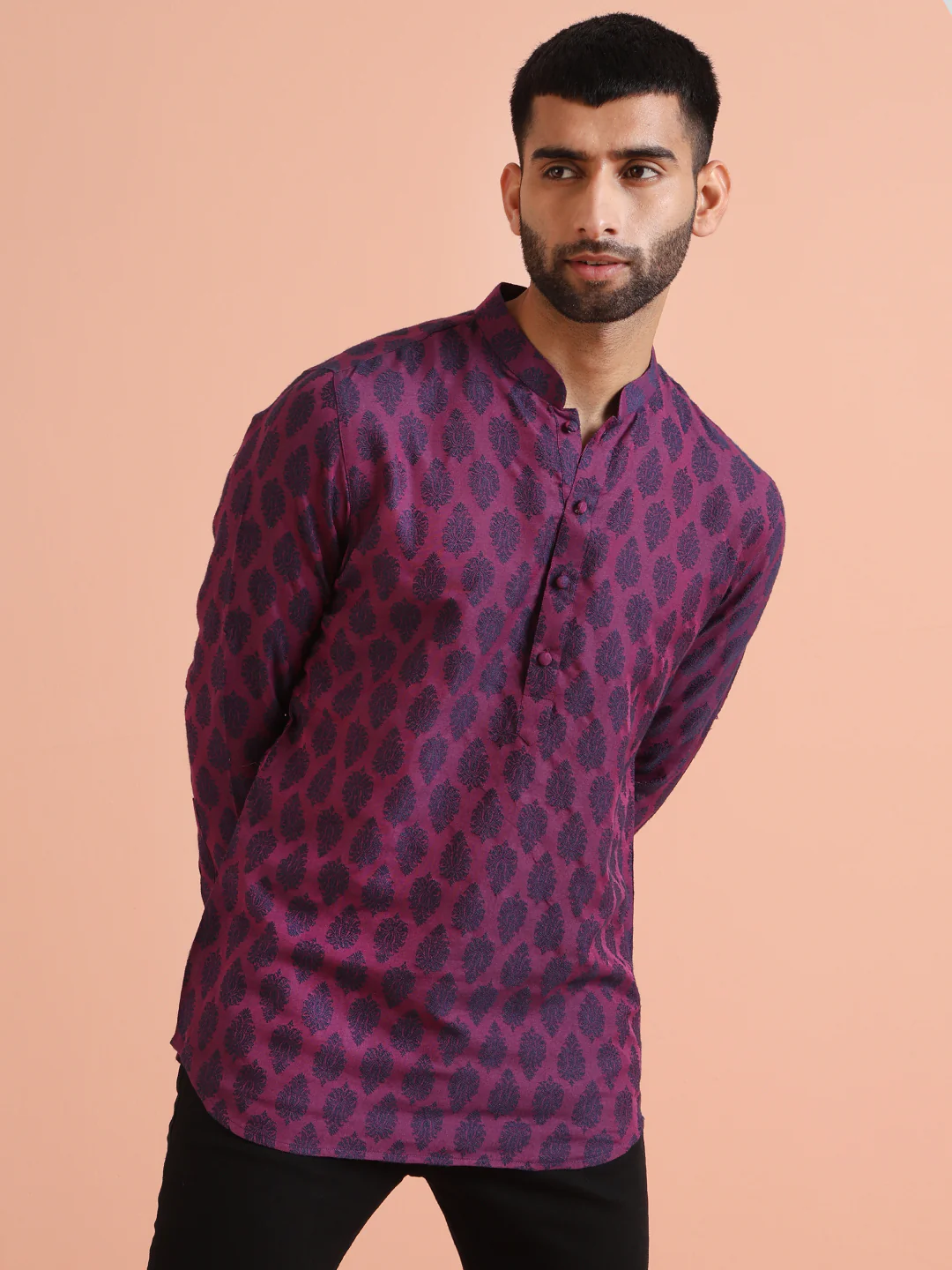 Maroon Silk Blend Printed Short Kurta - Image 2