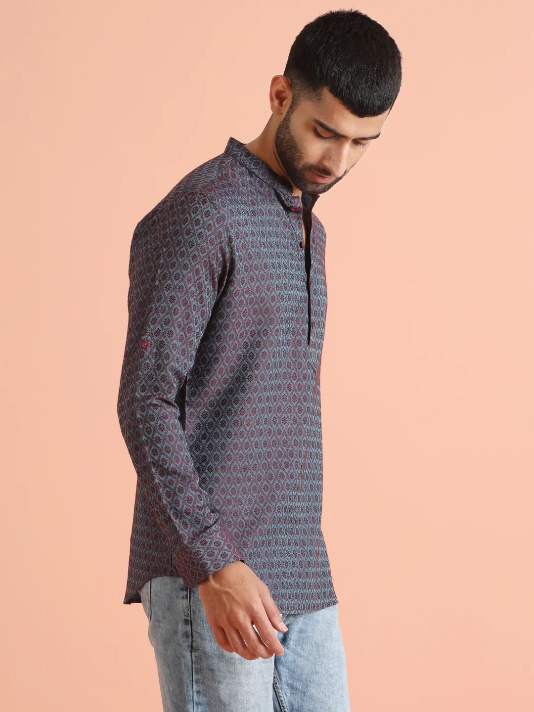 Maroon Blue Printed Short Kurta - Image 3