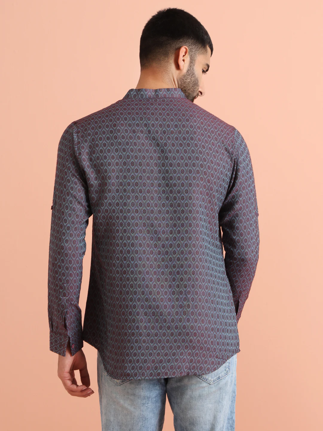 Maroon Blue Printed Short Kurta - Image 4