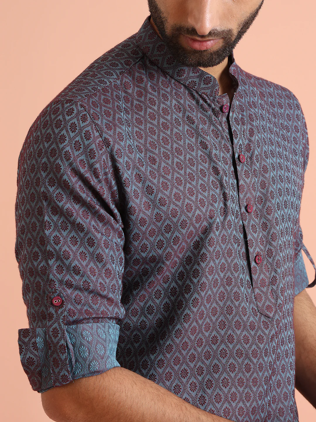 Maroon Blue Printed Short Kurta - Image 5