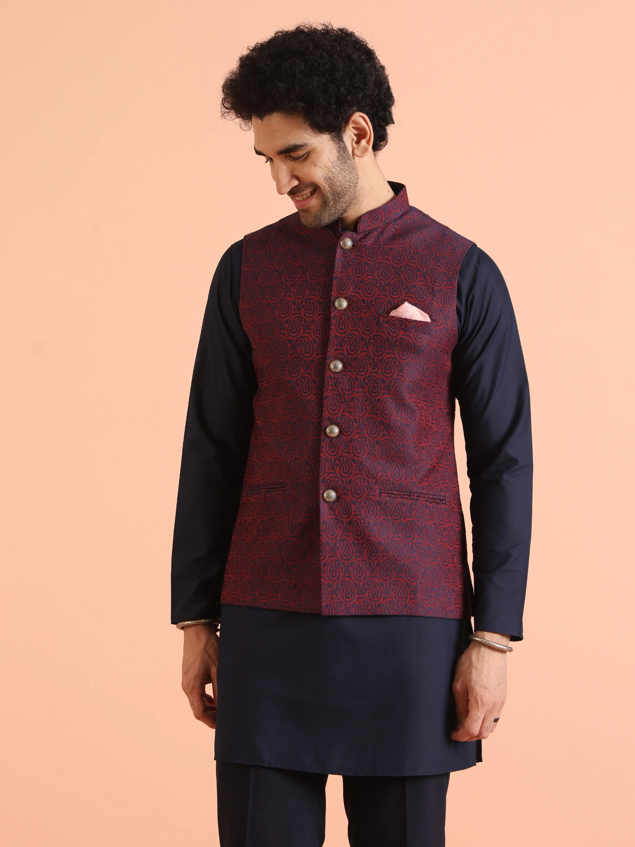 Navy Blue Cotton Silk Magenta Paisley Nehru Jacket Kurta Trouser - Image 8