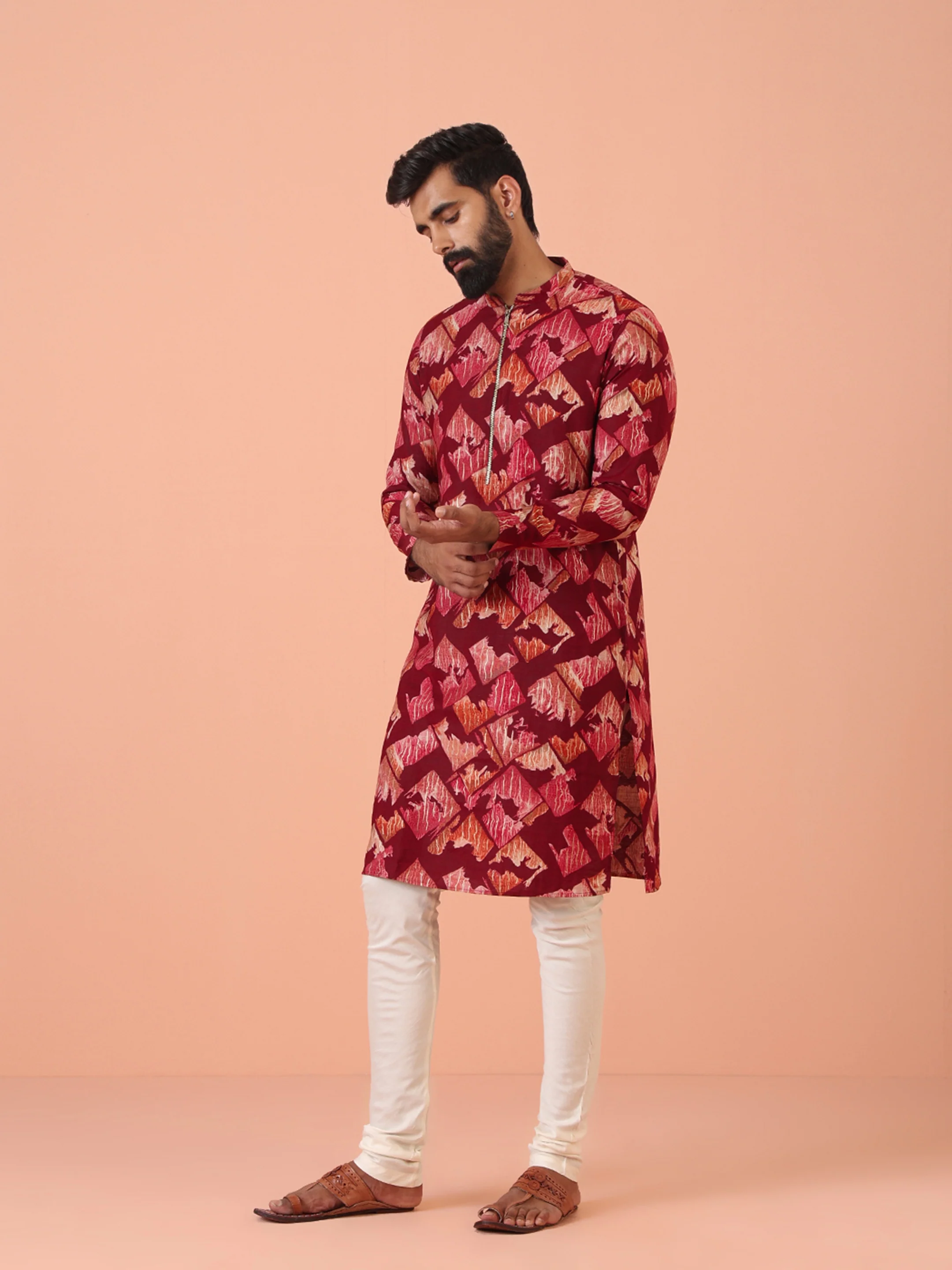 Maroon Cotton Silk Printed Kurta Cream Churidar Set - Image 3