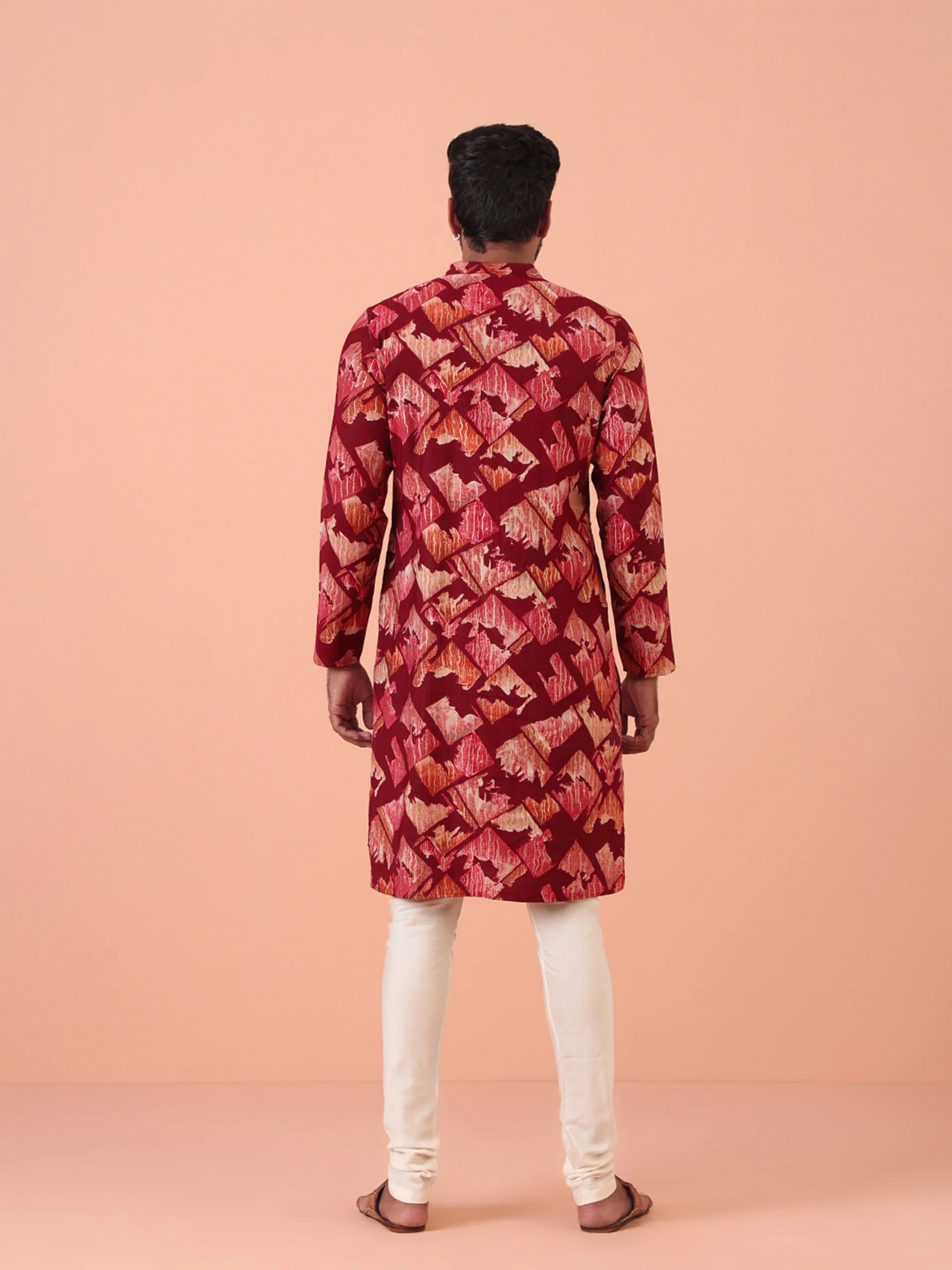 Maroon Cotton Silk Printed Kurta Cream Churidar Set - Image 4