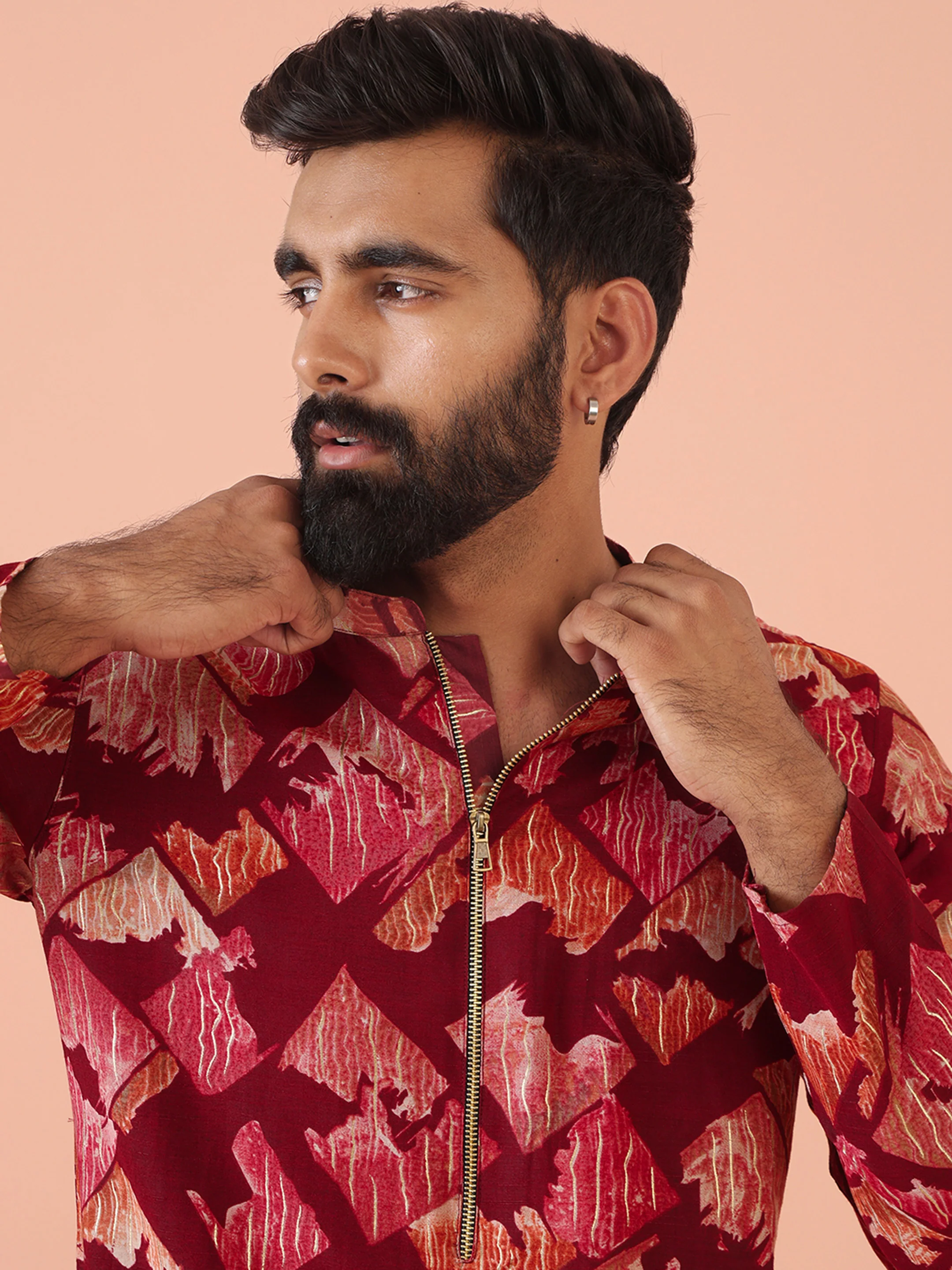 Maroon Cotton Silk Printed Kurta Cream Churidar Set - Image 5