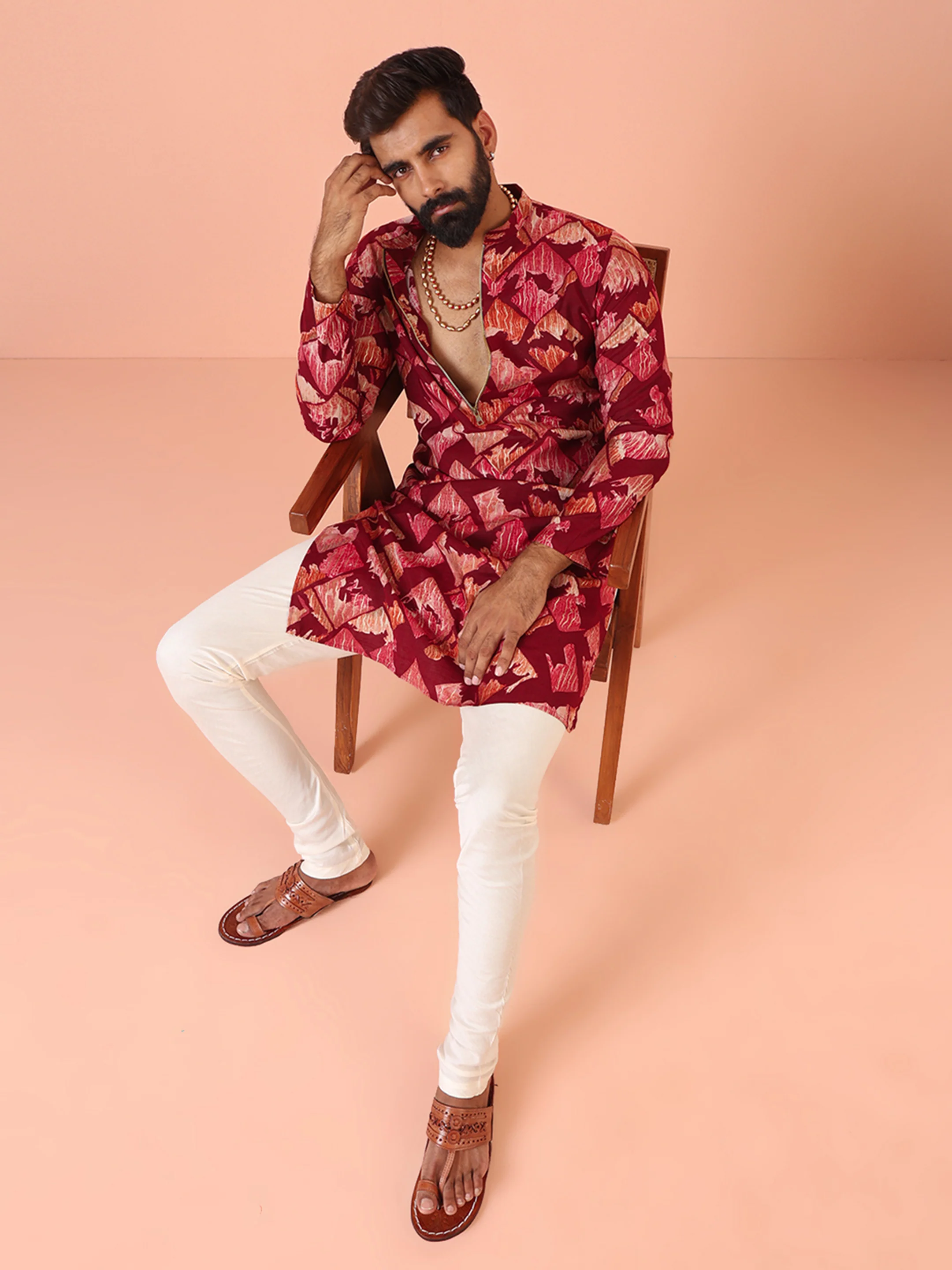 Maroon Cotton Silk Printed Kurta Cream Churidar Set - Image 7