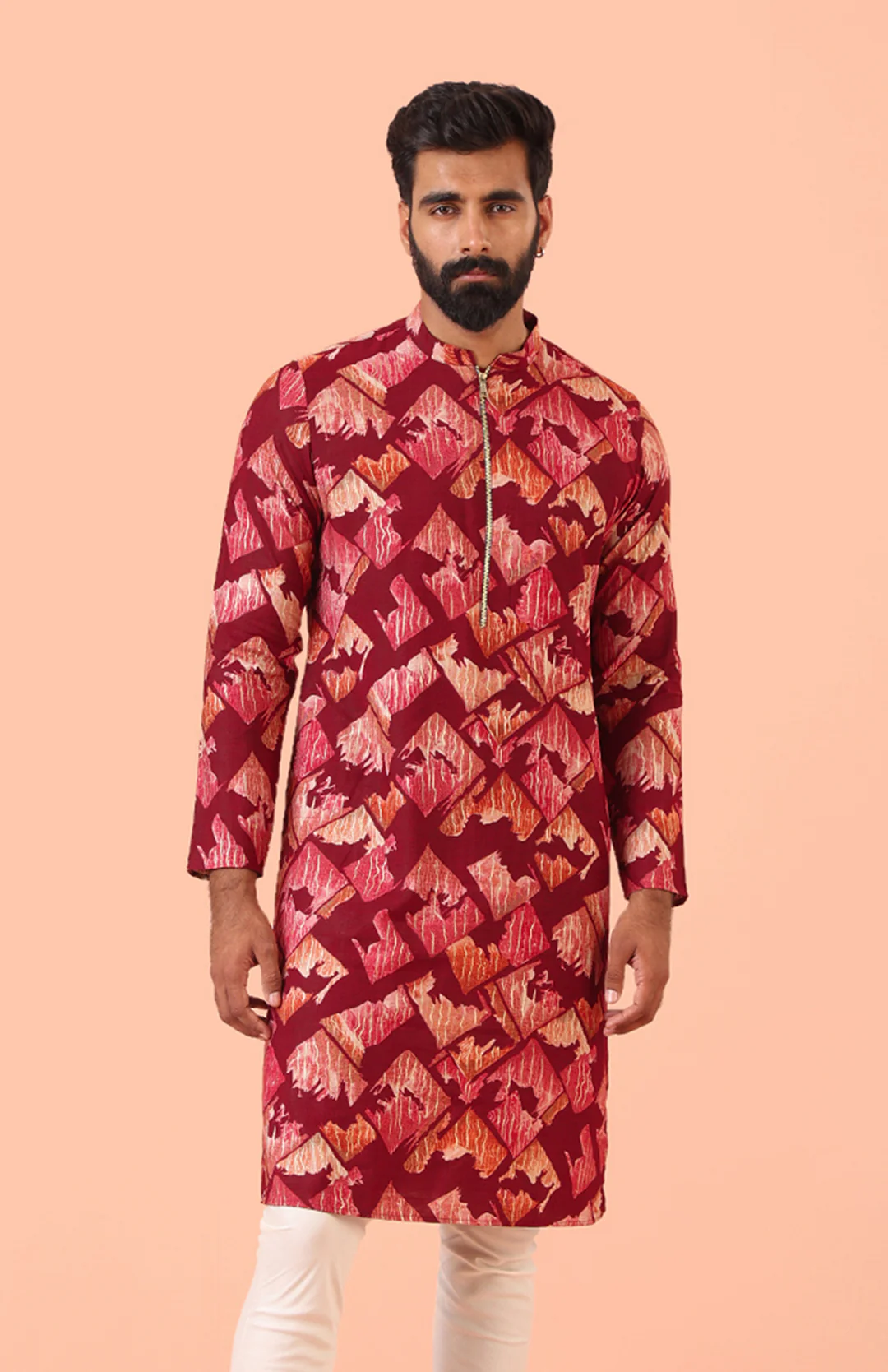 Maroon Cotton Silk Printed Cream Kurta - Image 2