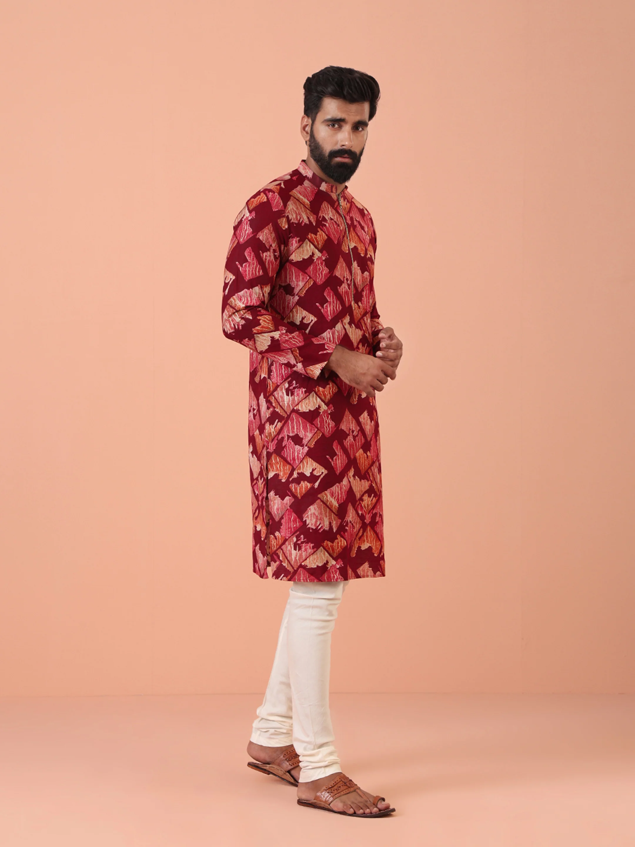 Maroon Cotton Silk Printed Cream Kurta - Image 3
