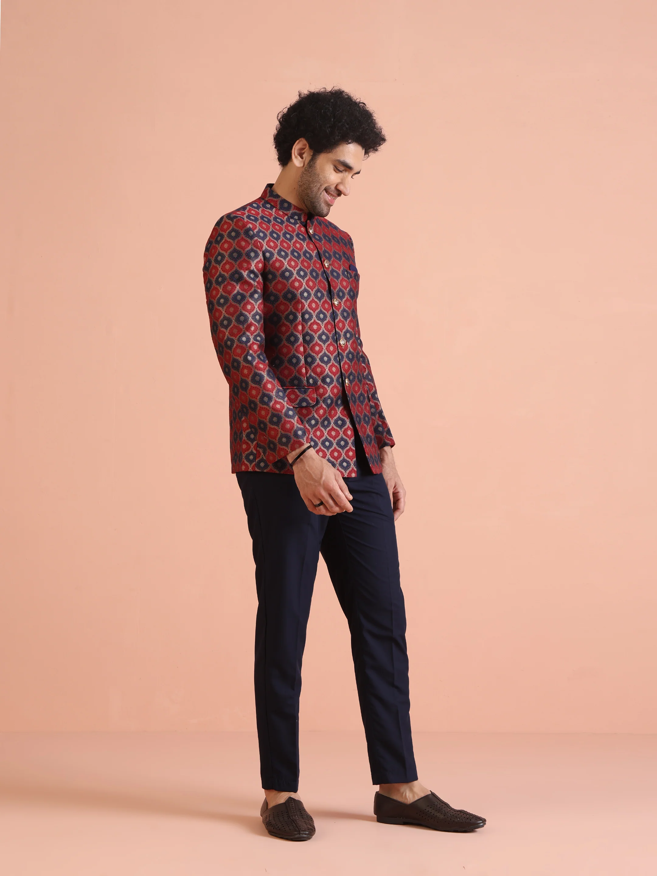 Red & Navy Silk Blend Jodhpuri Bandhgala - Image 3