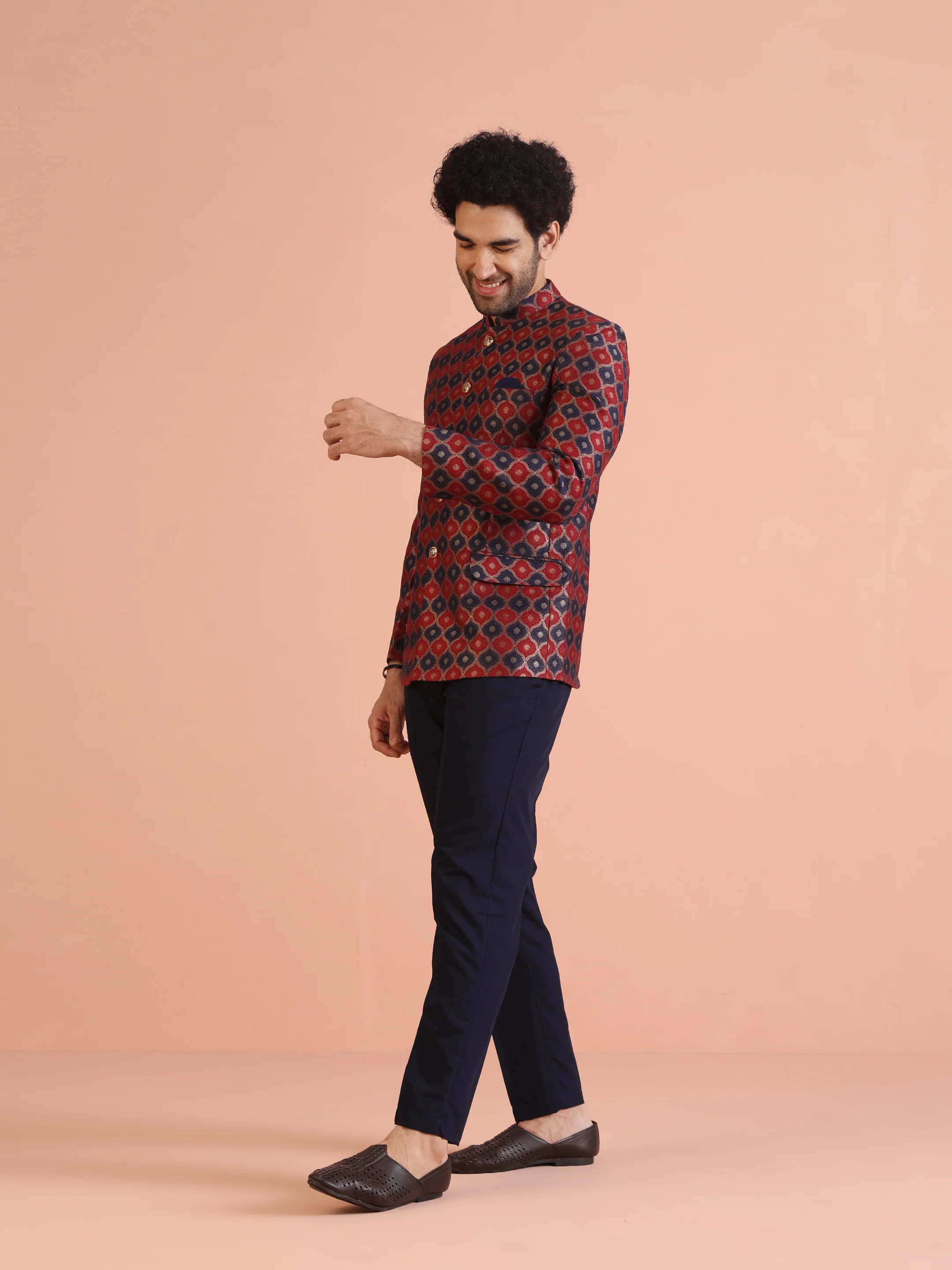Red & Navy Silk Blend Jodhpuri Bandhgala - Image 4