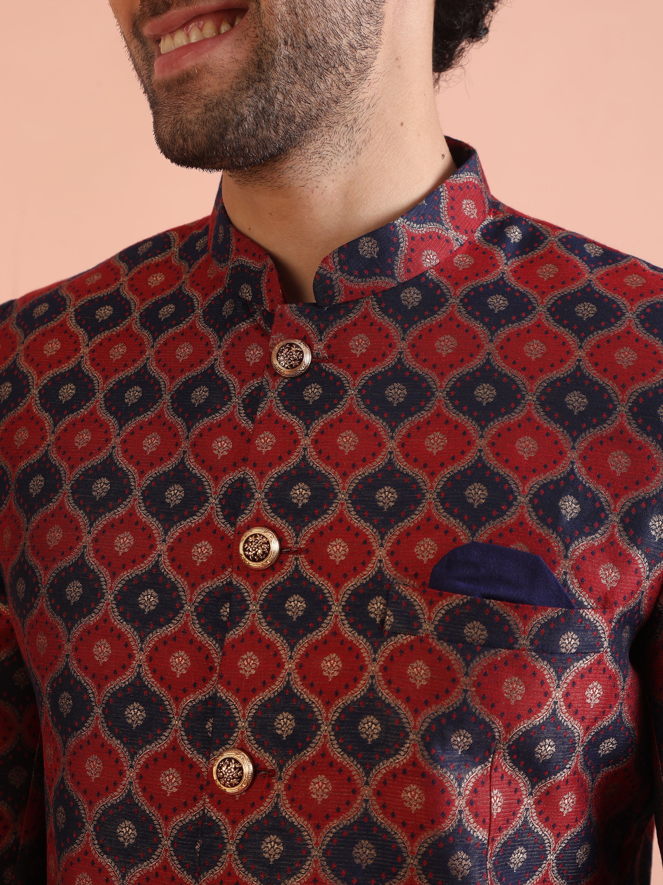 Red & Navy Silk Blend Jodhpuri Bandhgala - Image 6