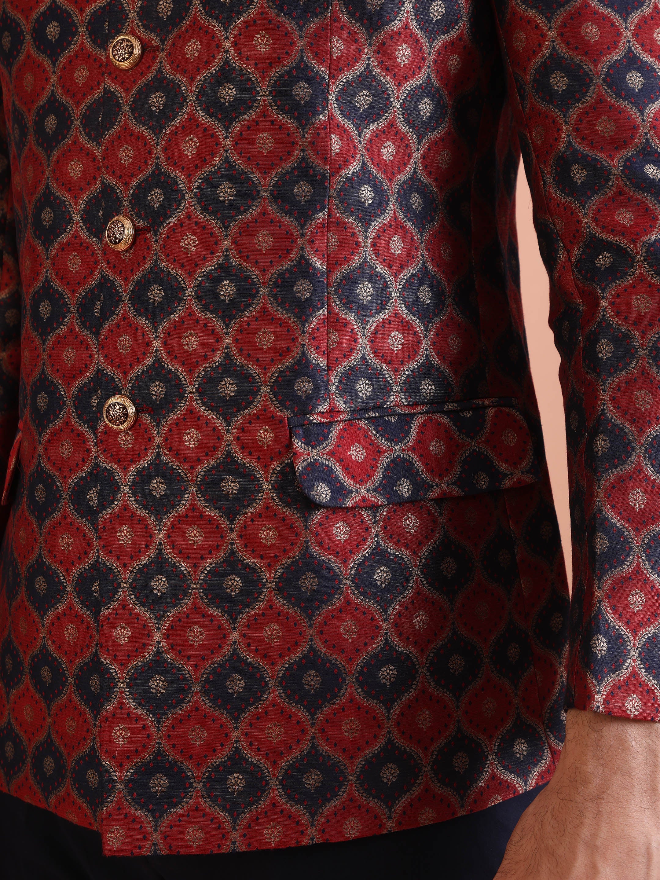 Red & Navy Silk Blend Jodhpuri Bandhgala - Image 7