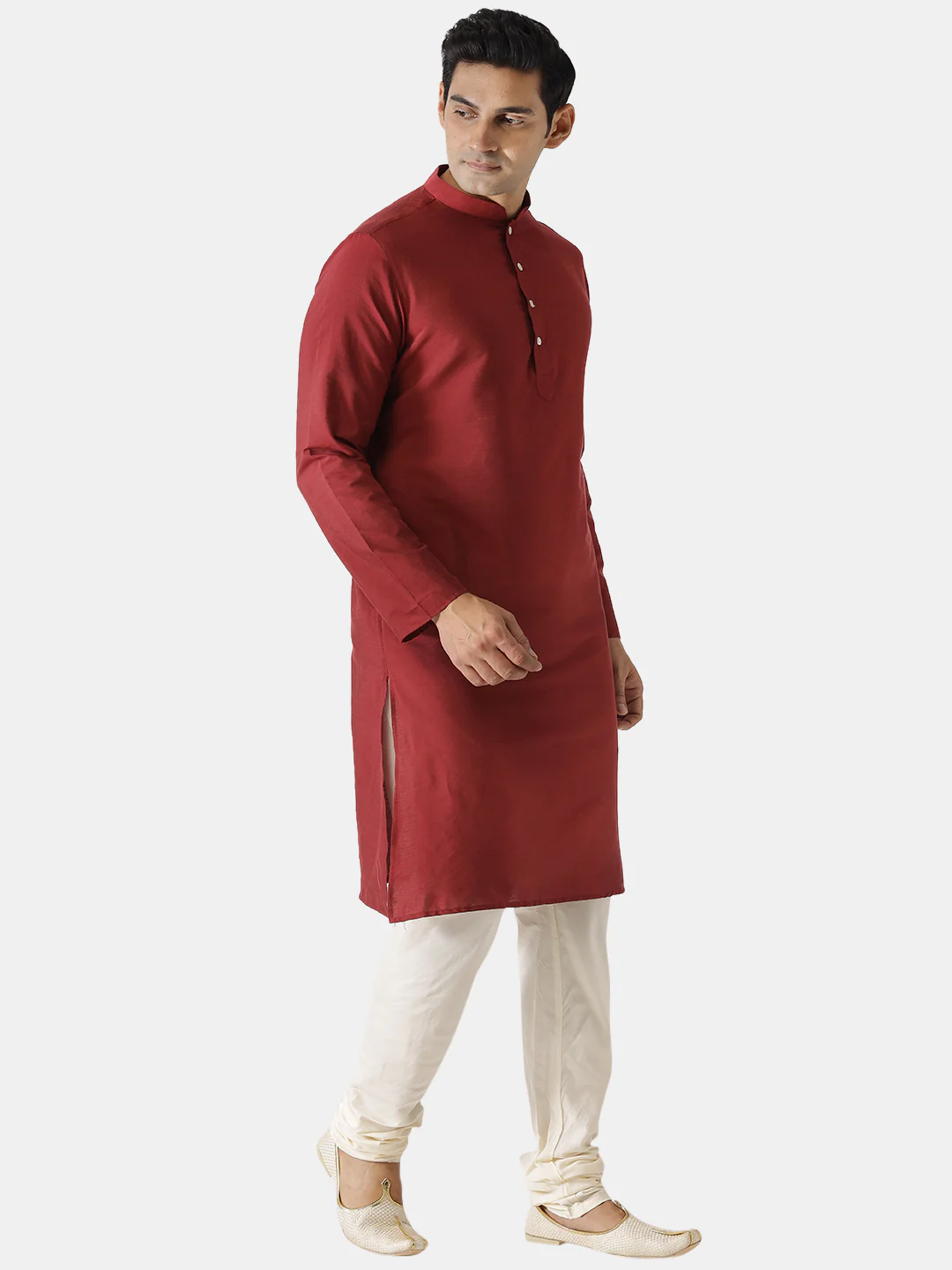 Men Maroon Silk Blend Solid Kurta Churidar Set â€“ Elegant Festive Wear - Image 2