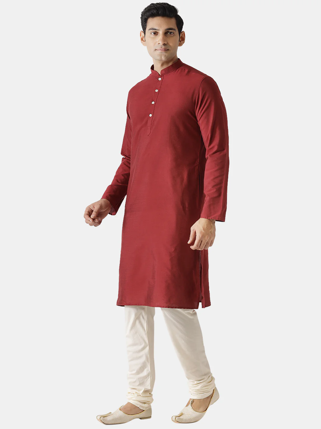 Men Maroon Silk Blend Solid Kurta Churidar Set â€“ Elegant Festive Wear - Image 3