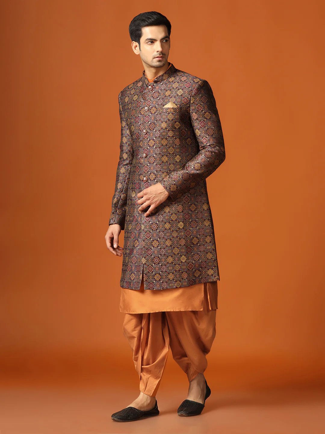 Men Maroon Kurta Indowestern Dhoti Pant Set - Image 3