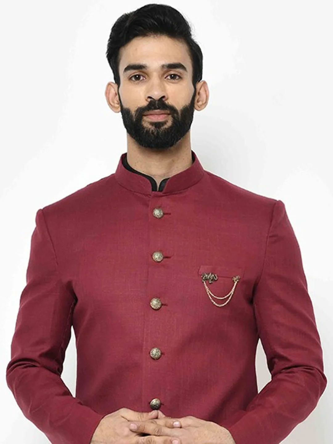Men Maroon Solid Kurta Indowestern Churidar Set - Image 6