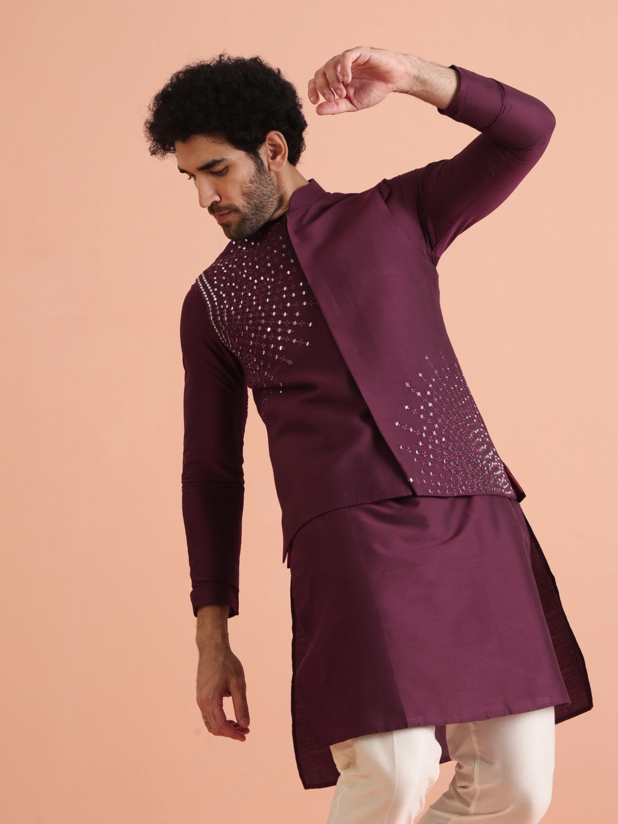 Maroon Mirror Work Jacket Kurta Trouser Set - Image 5