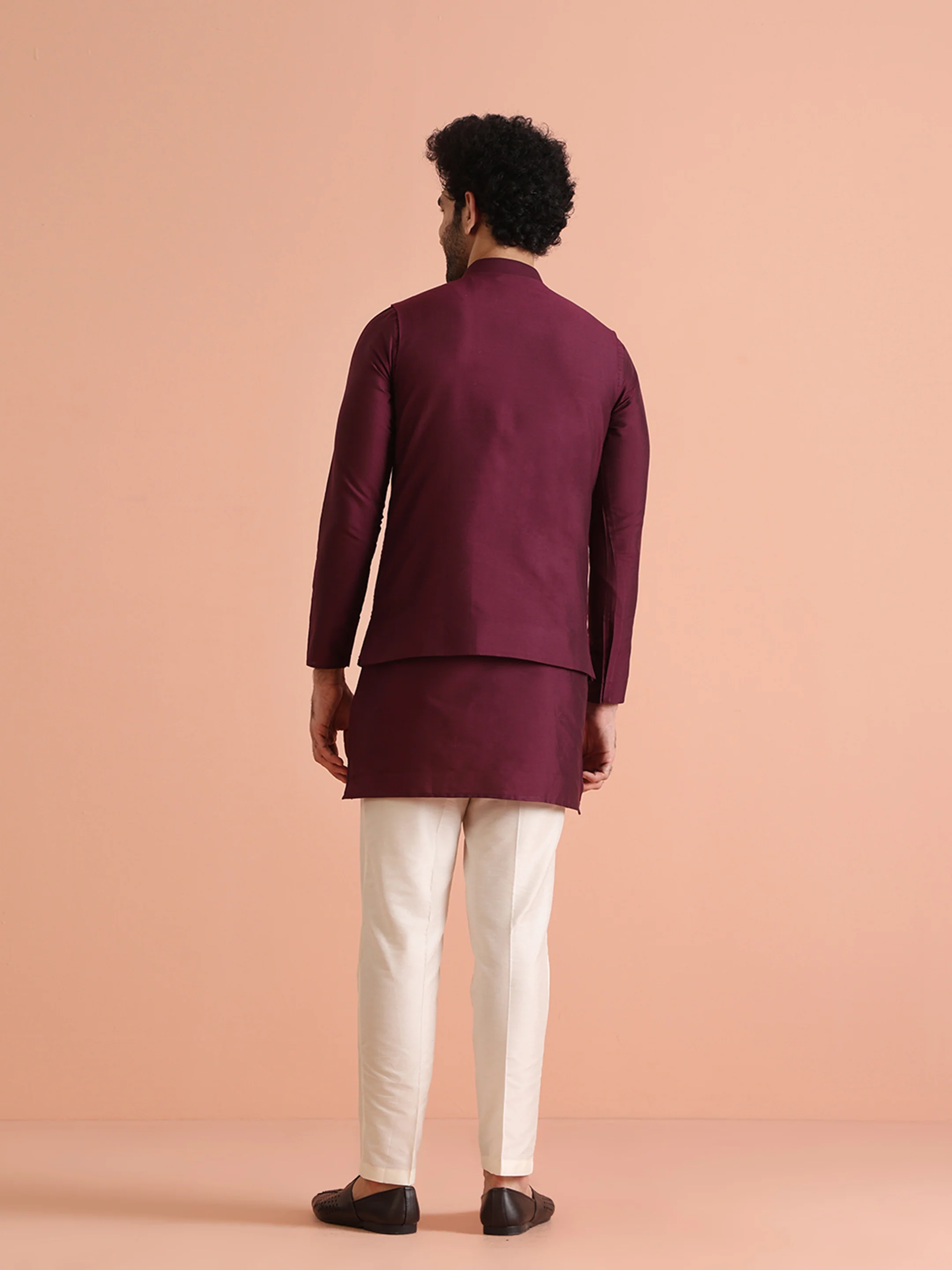 Maroon Cotton Mirror Work Nehru Jacket Set - Image 4