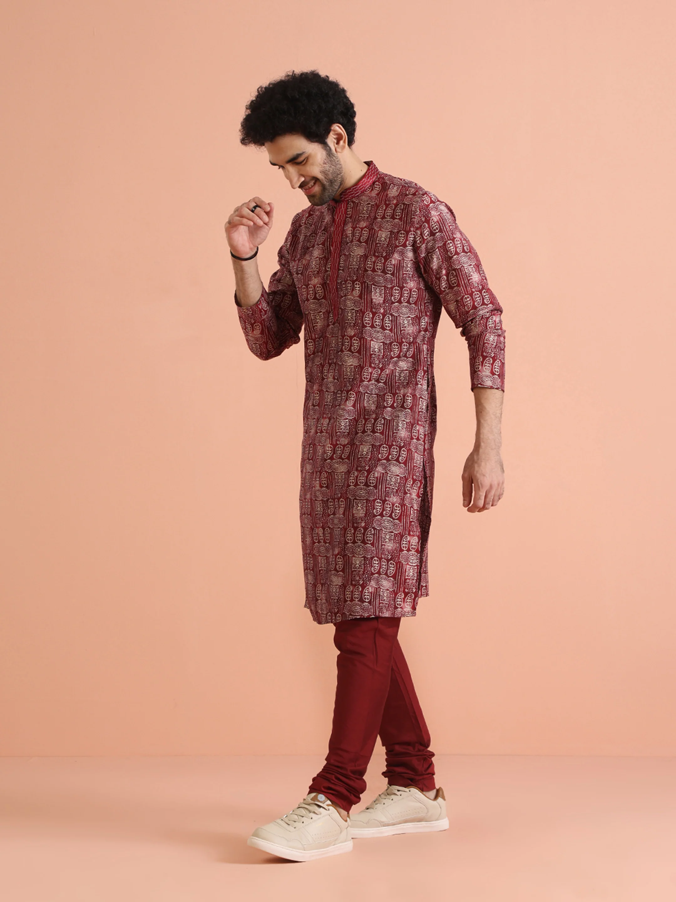 Maroon Printed Kurta Churidar Set - Image 4