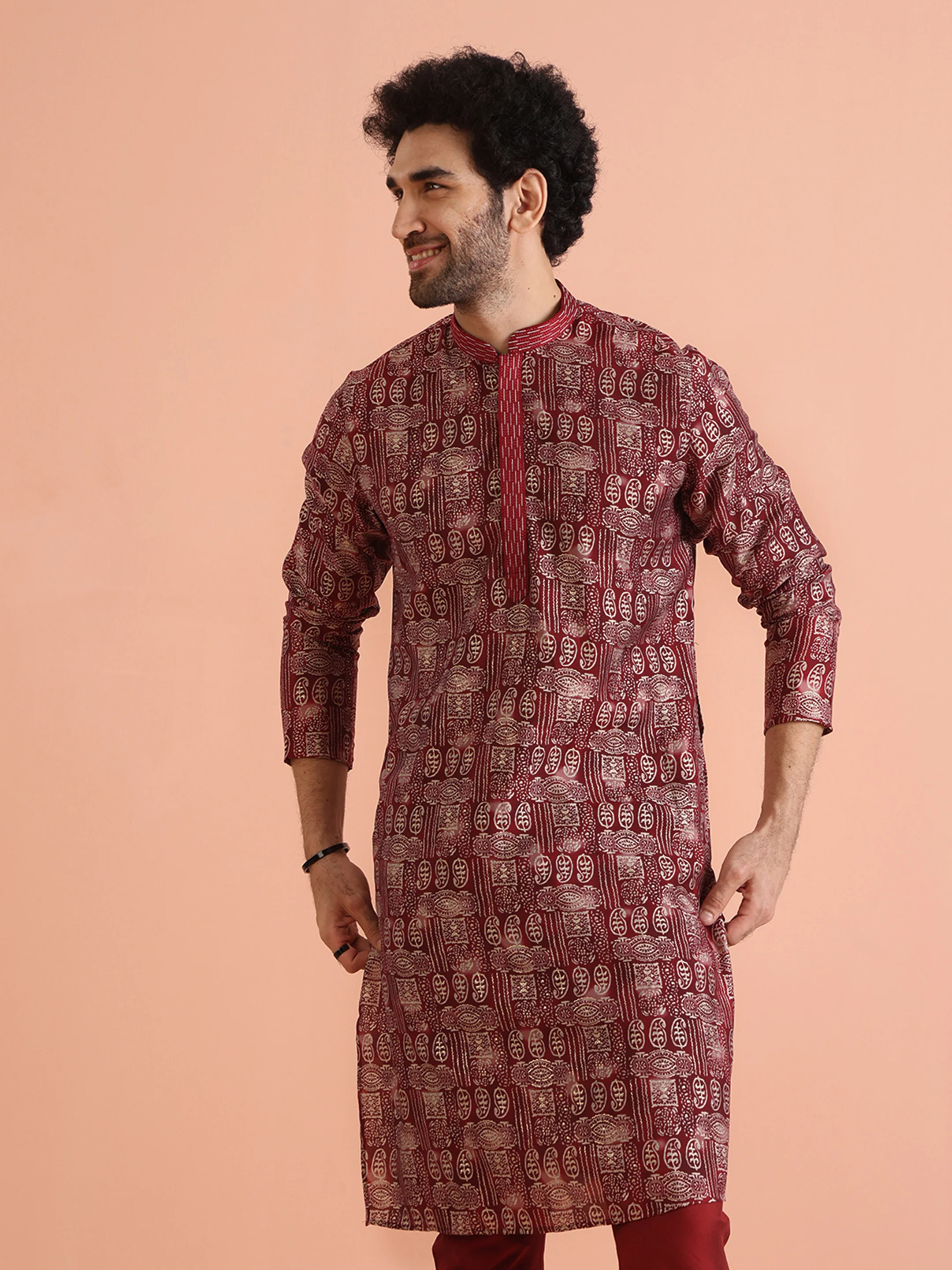 Maroon Cotton Silk Printed Long Kurta - Image 2