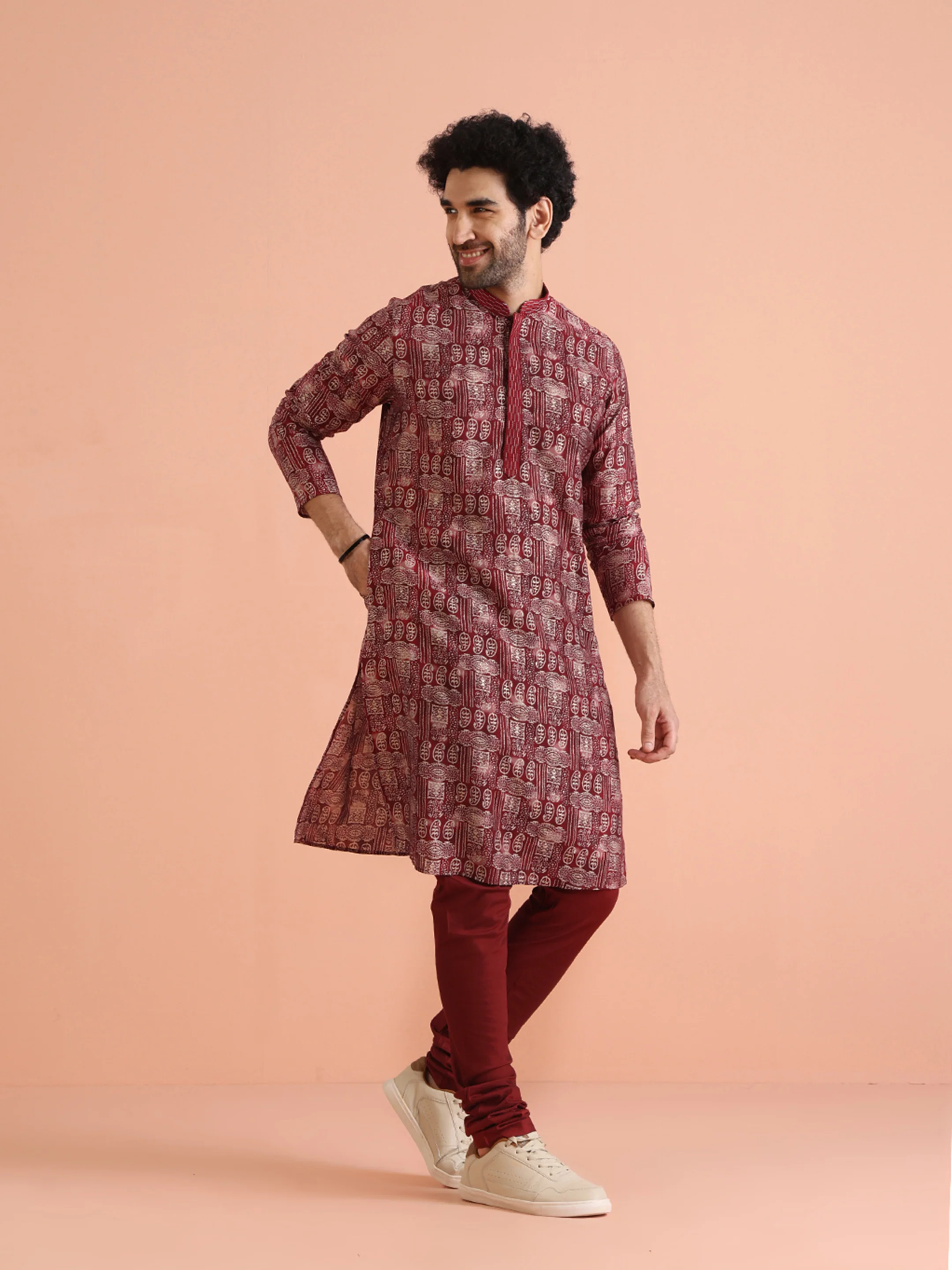 Maroon Cotton Silk Printed Long Kurta - Image 4