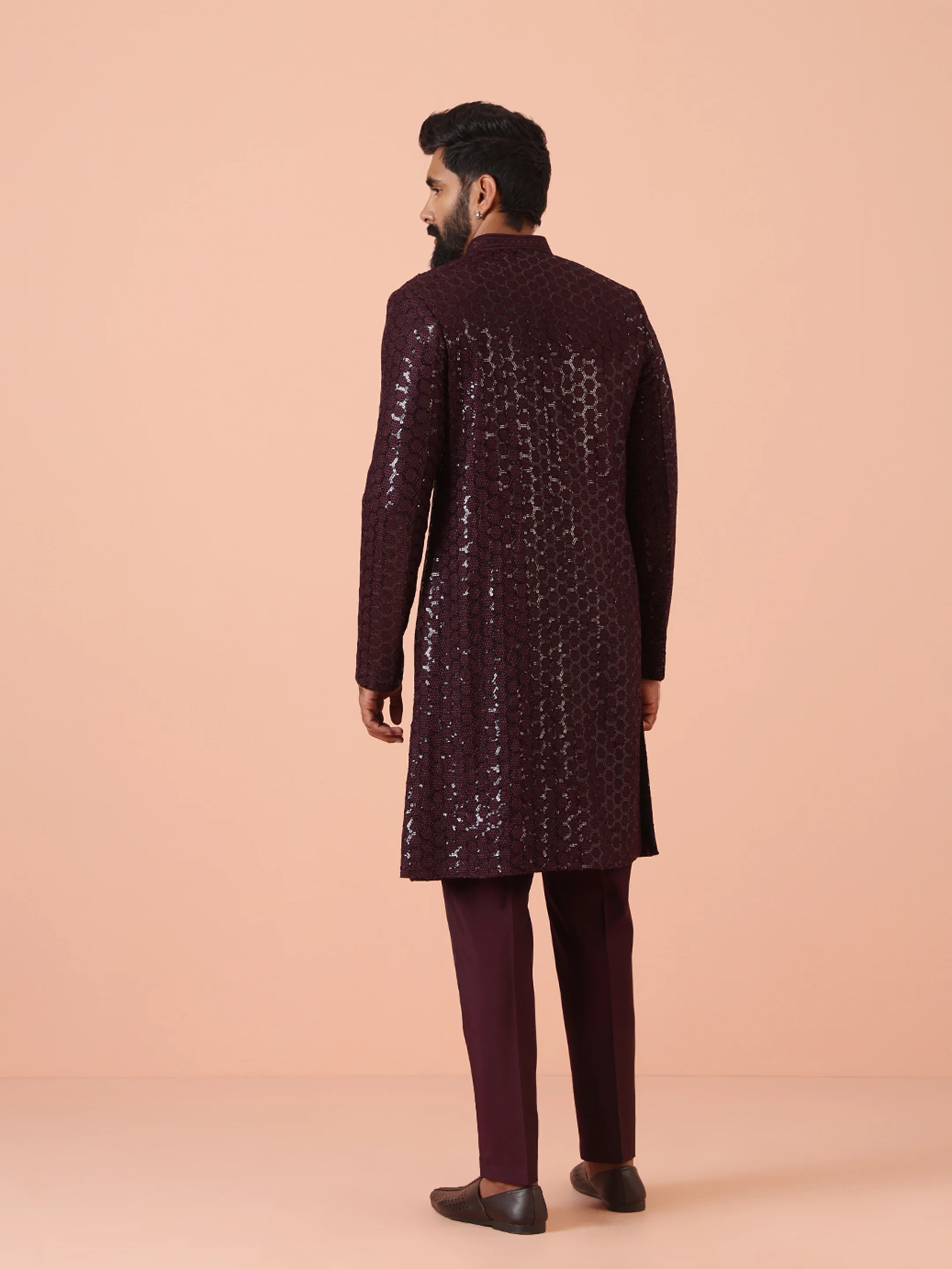 Men Maroon Sequinned Indo Western Trouser Set - Image 4