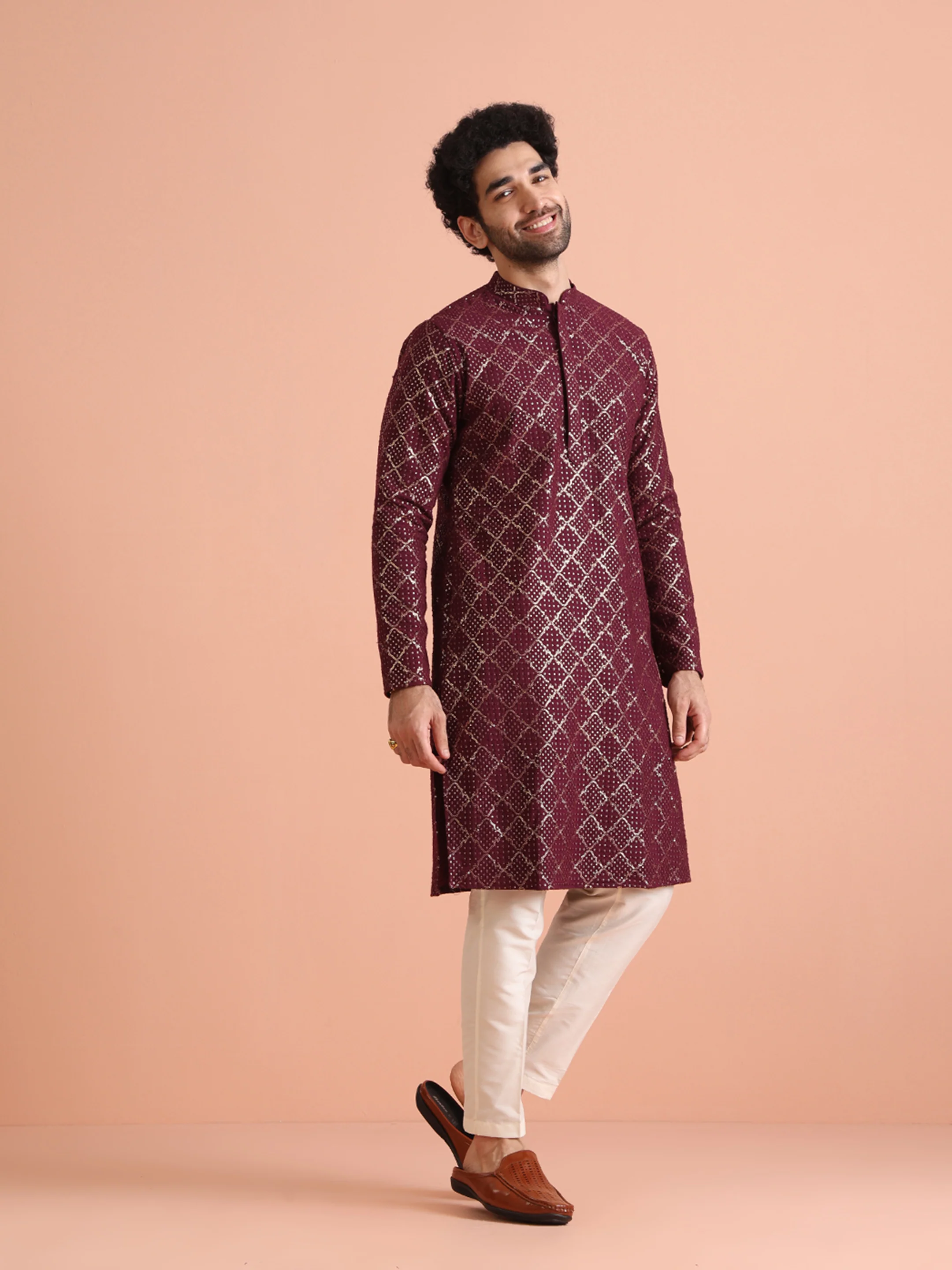 Maroon Sequin Embroidered Kurta - Image 3