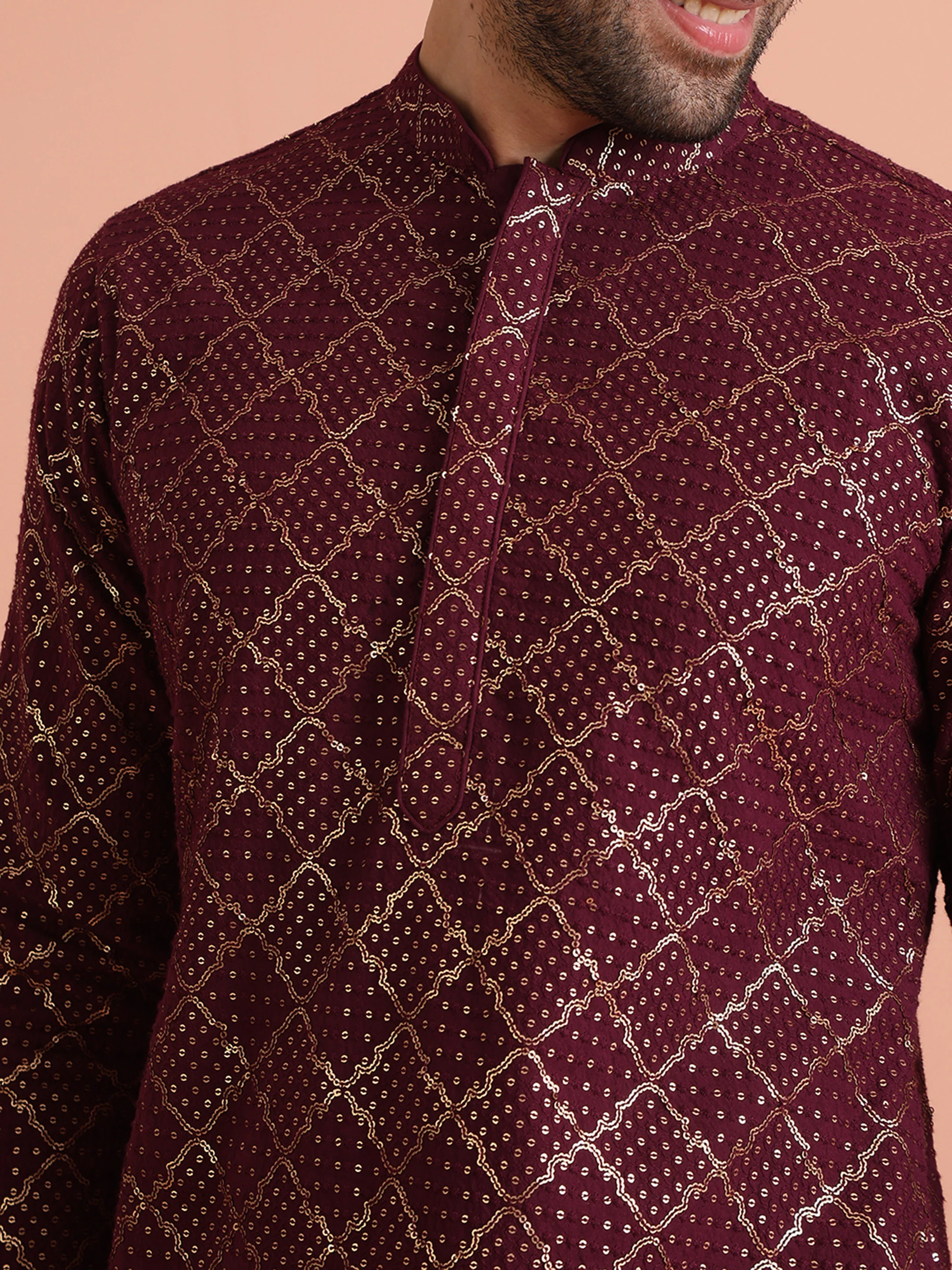 Men Maroon Sequinned Kurta Trouser Set - Image 4