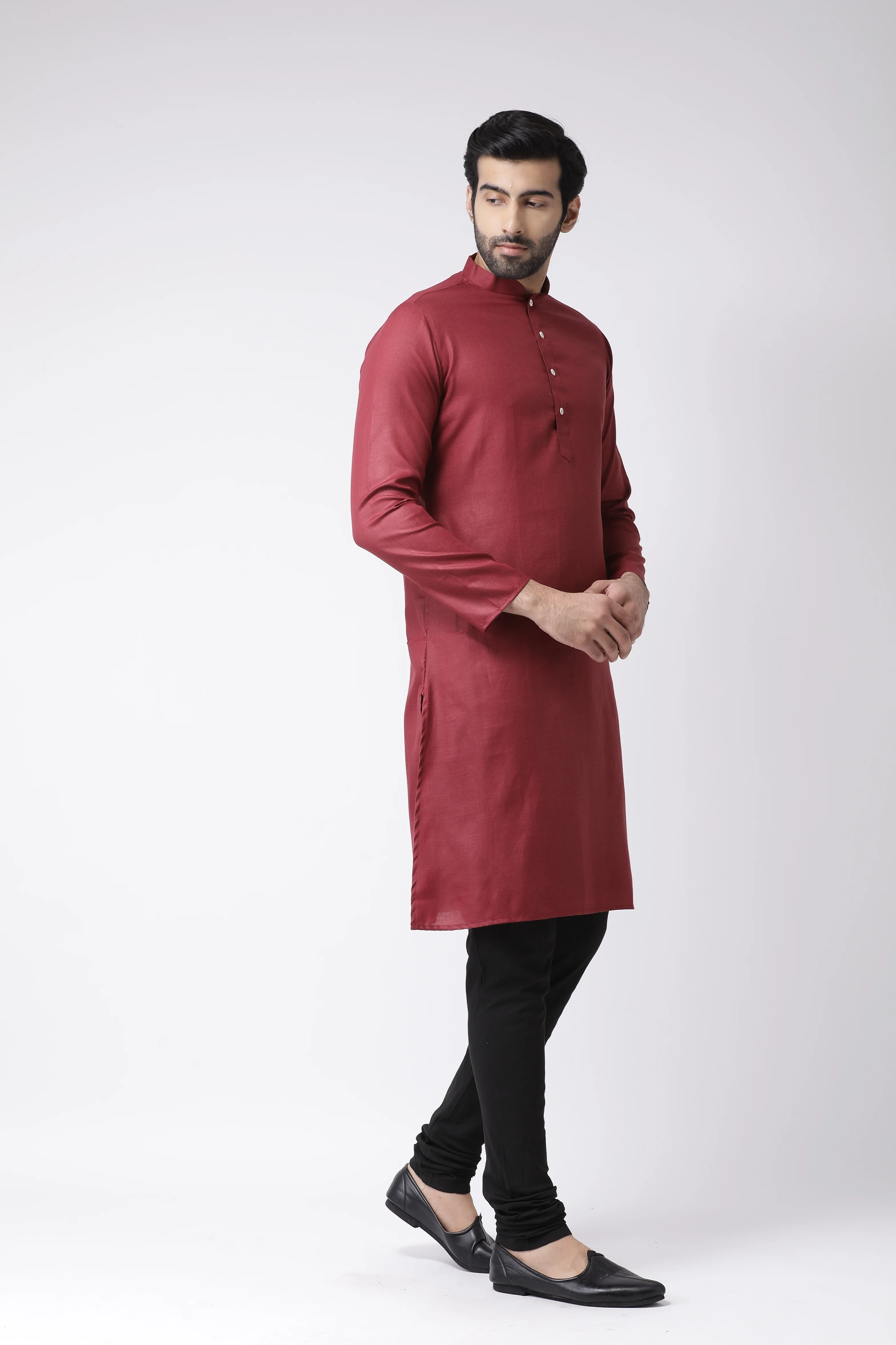 Men Maroon Solid Dyed Kurta Churidar Set - Image 2