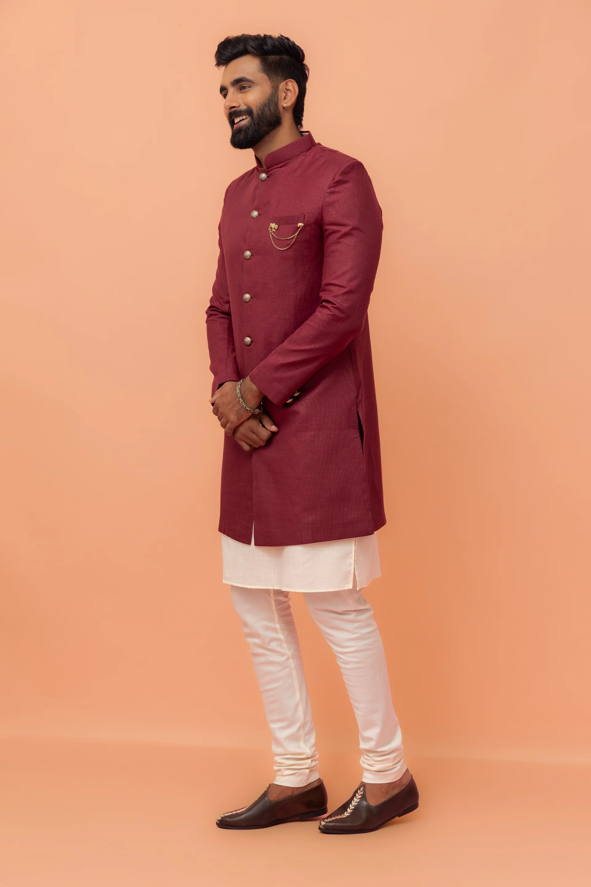 Maroon Silk Blend Solid Sherwani Achkan Churidar - Image 2