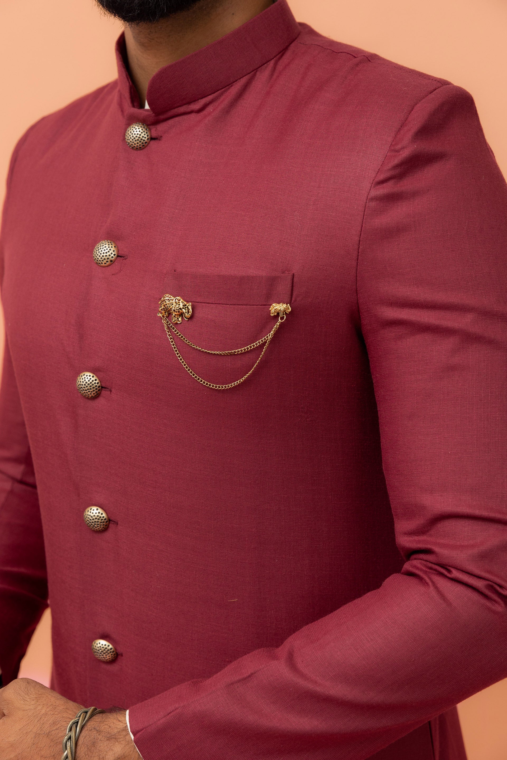 Maroon Silk Blend Solid Sherwani Achkan Churidar - Image 5
