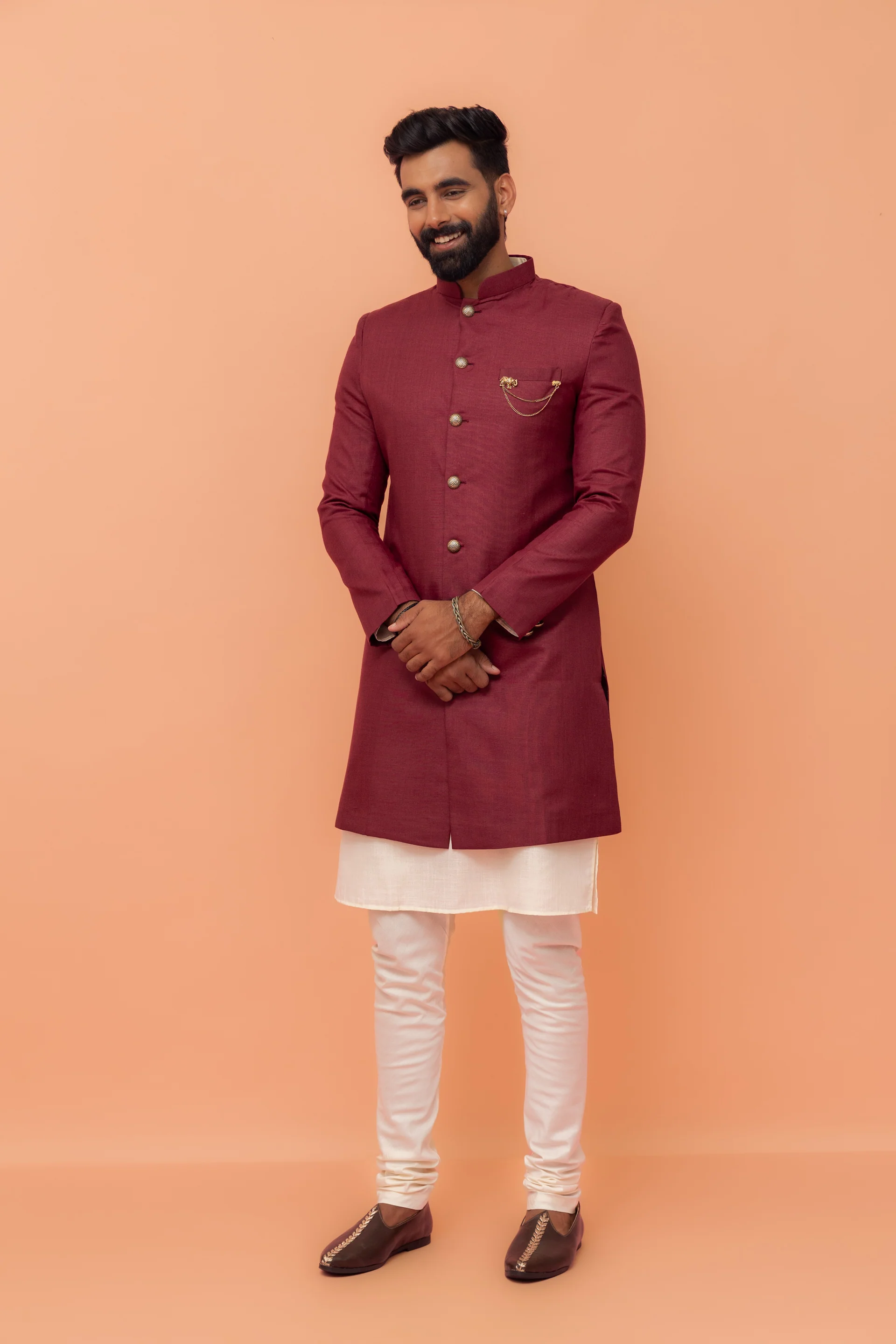 Maroon Silk Blend Solid Sherwani Achkan Churidar - Image 8