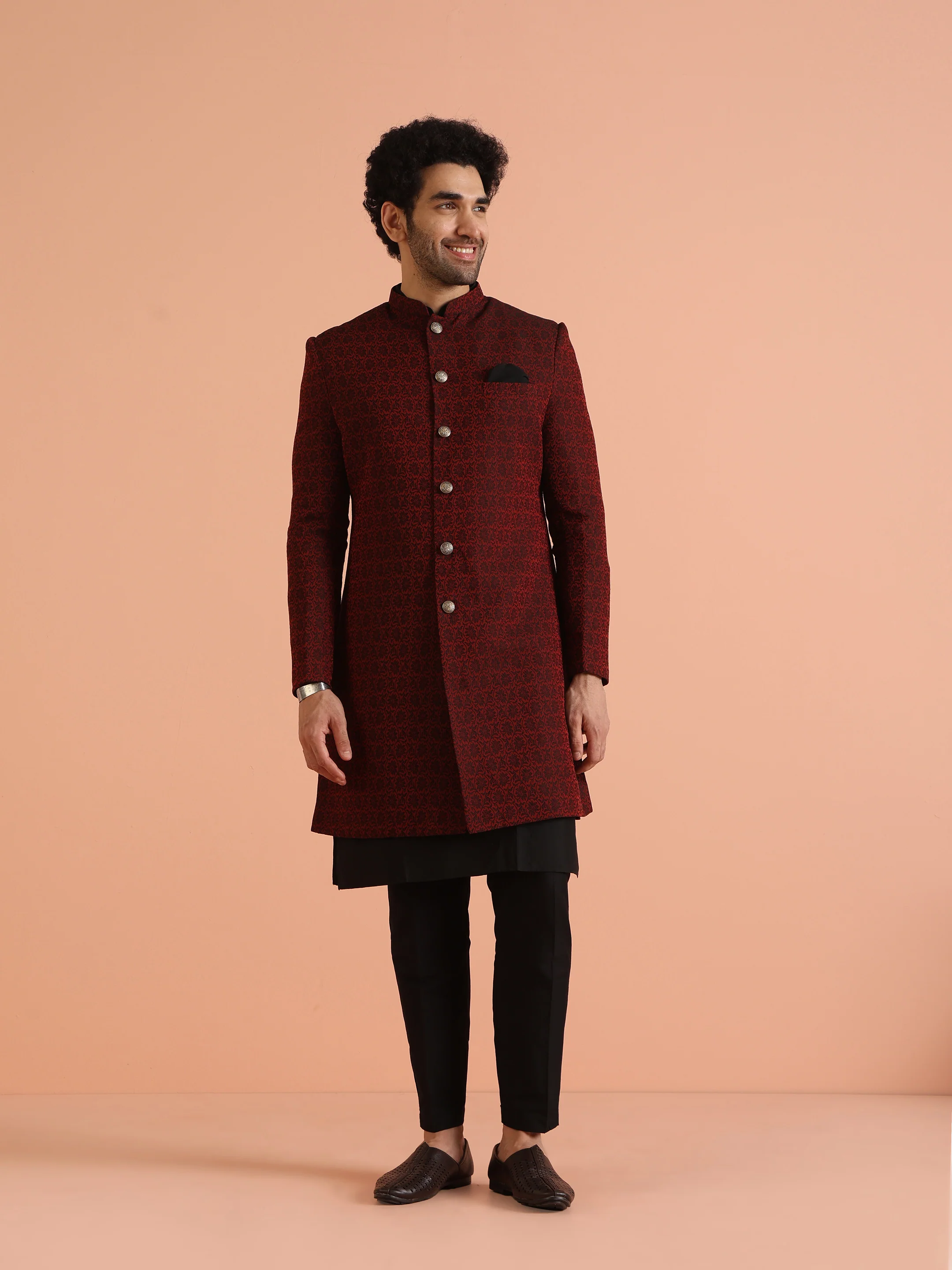 Maroon Cotton Silk Jacquard Sherwani Kurta Trouser Set - Image 2
