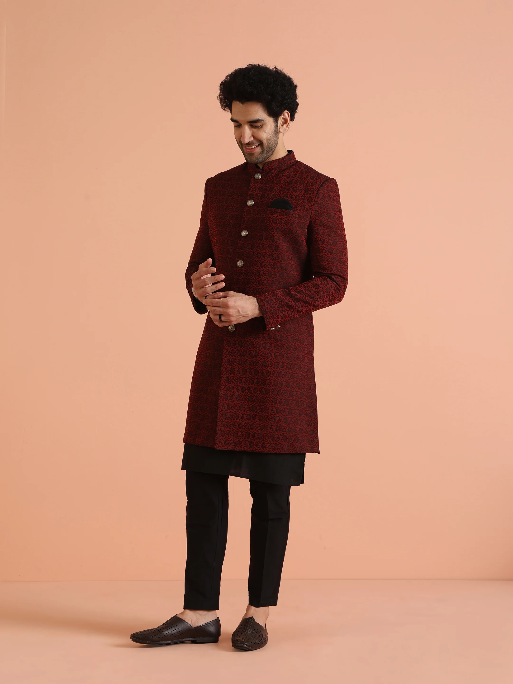 Maroon Cotton Silk Jacquard Sherwani Kurta Trouser Set - Image 3