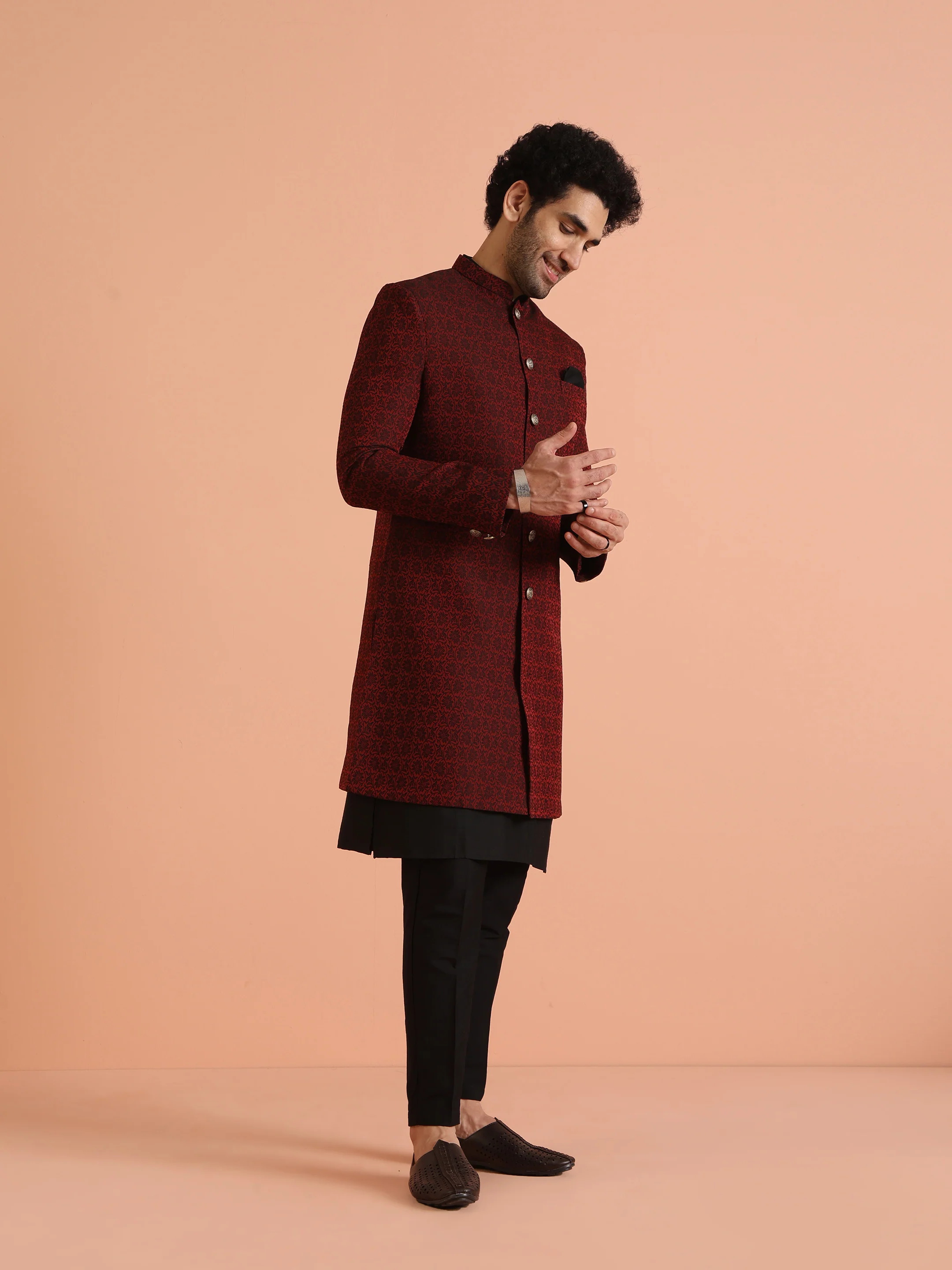 Maroon Cotton Silk Jacquard Sherwani Kurta Trouser Set - Image 4