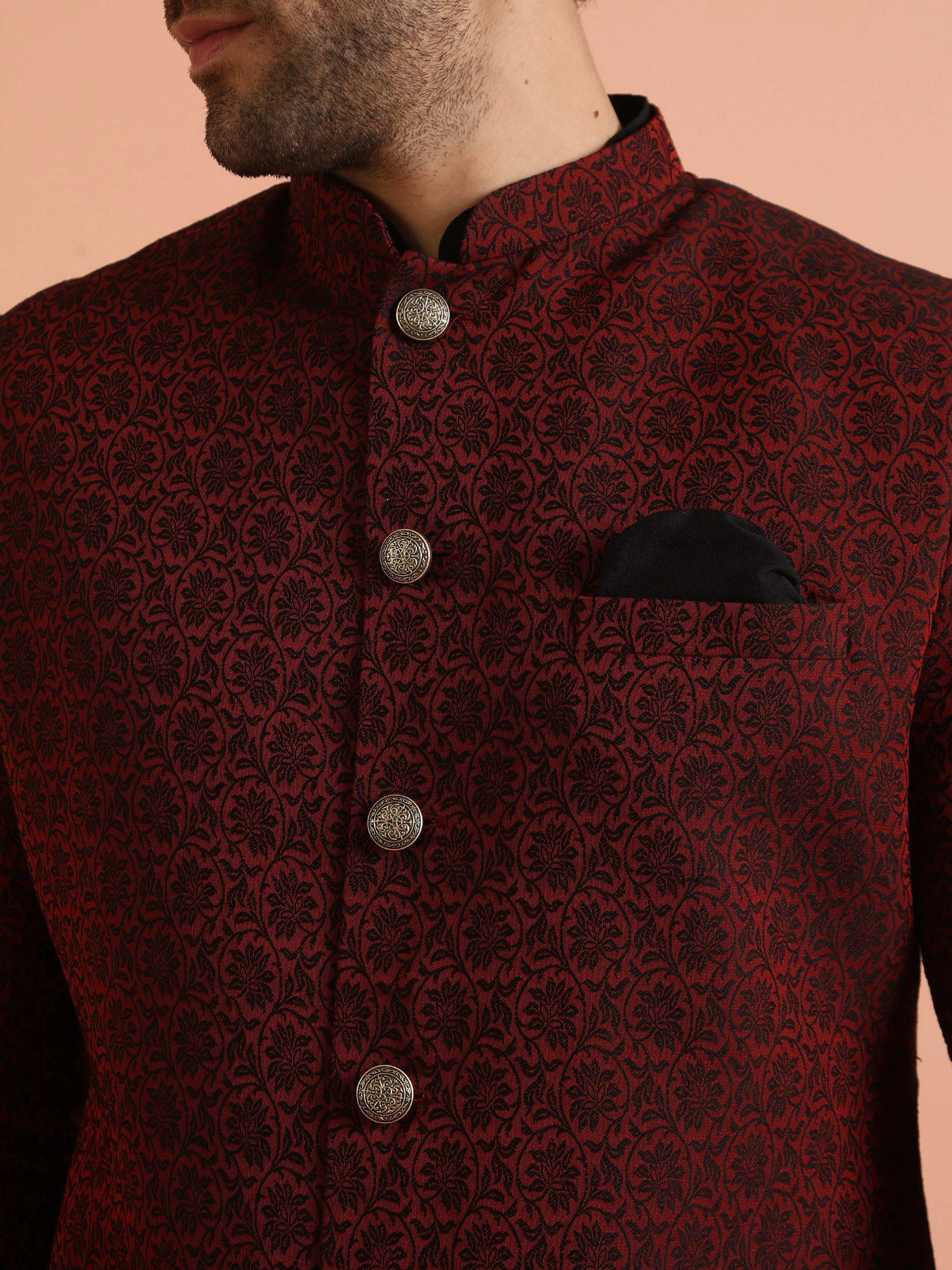 Maroon Cotton Silk Jacquard Sherwani Kurta Trouser Set - Image 6