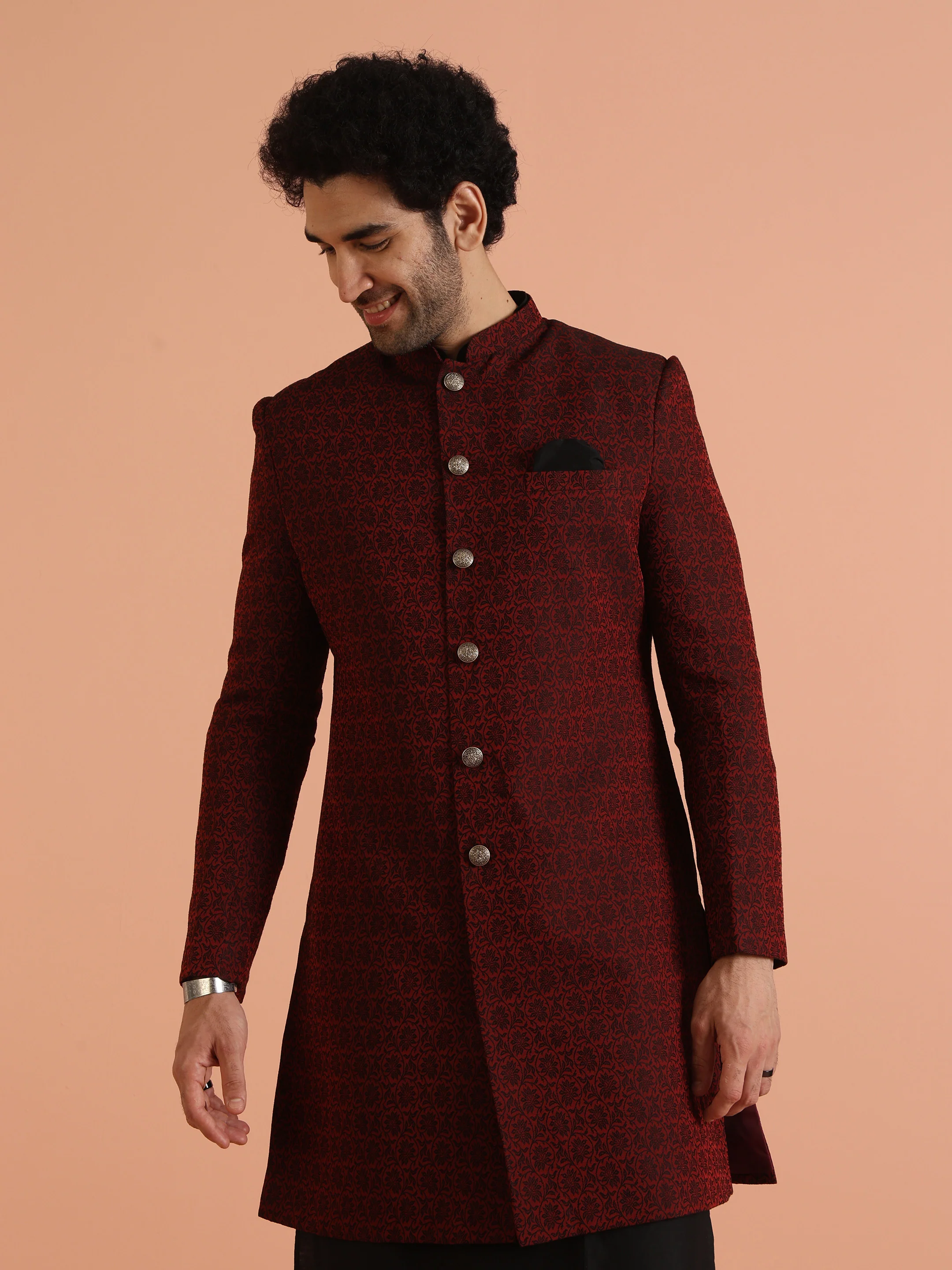 Maroon Cotton Silk Jacquard Sherwani Kurta Trouser Set - Image 8