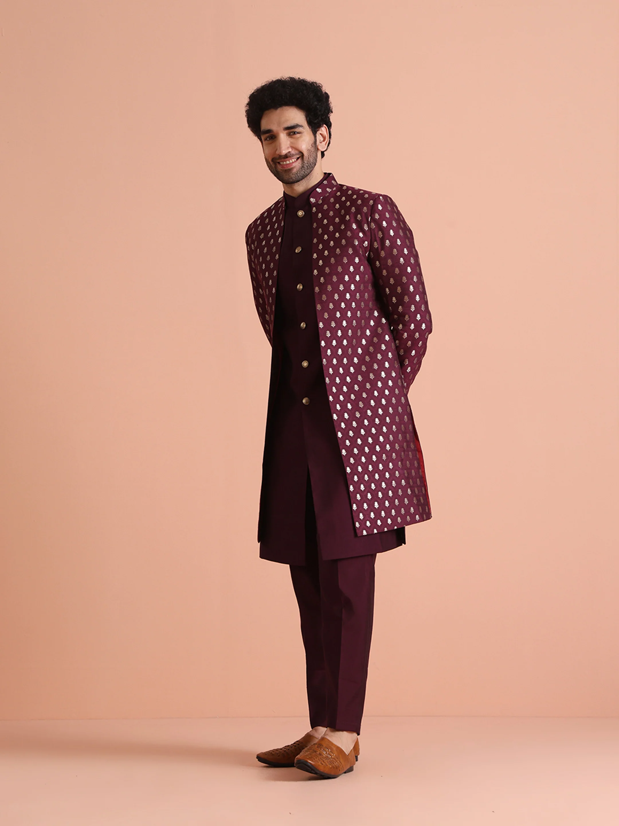 Men Maroon Woven Design Long Jacket Indo Western Trouser Set - Image 3