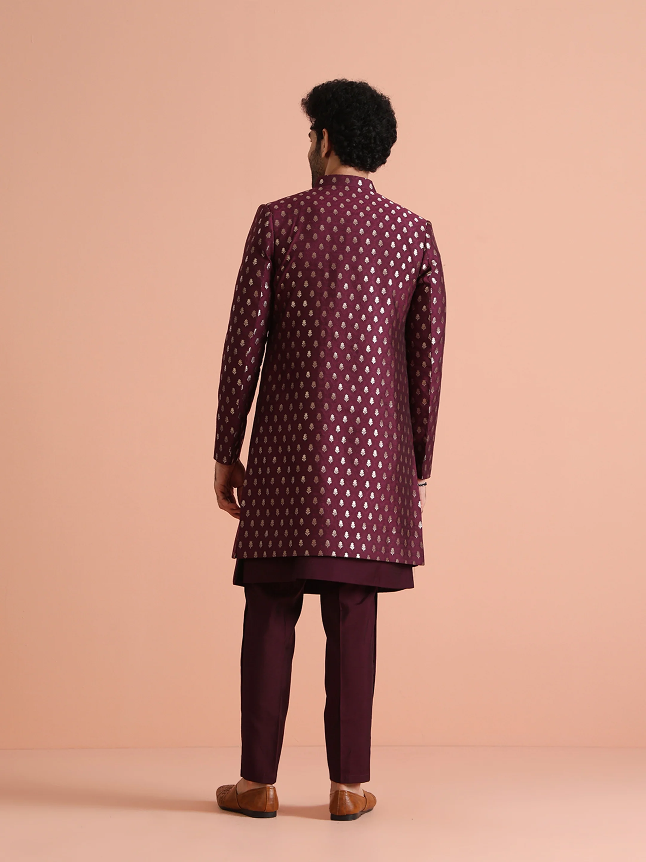 Men Maroon Woven Design Long Jacket Indo Western Trouser Set - Image 4
