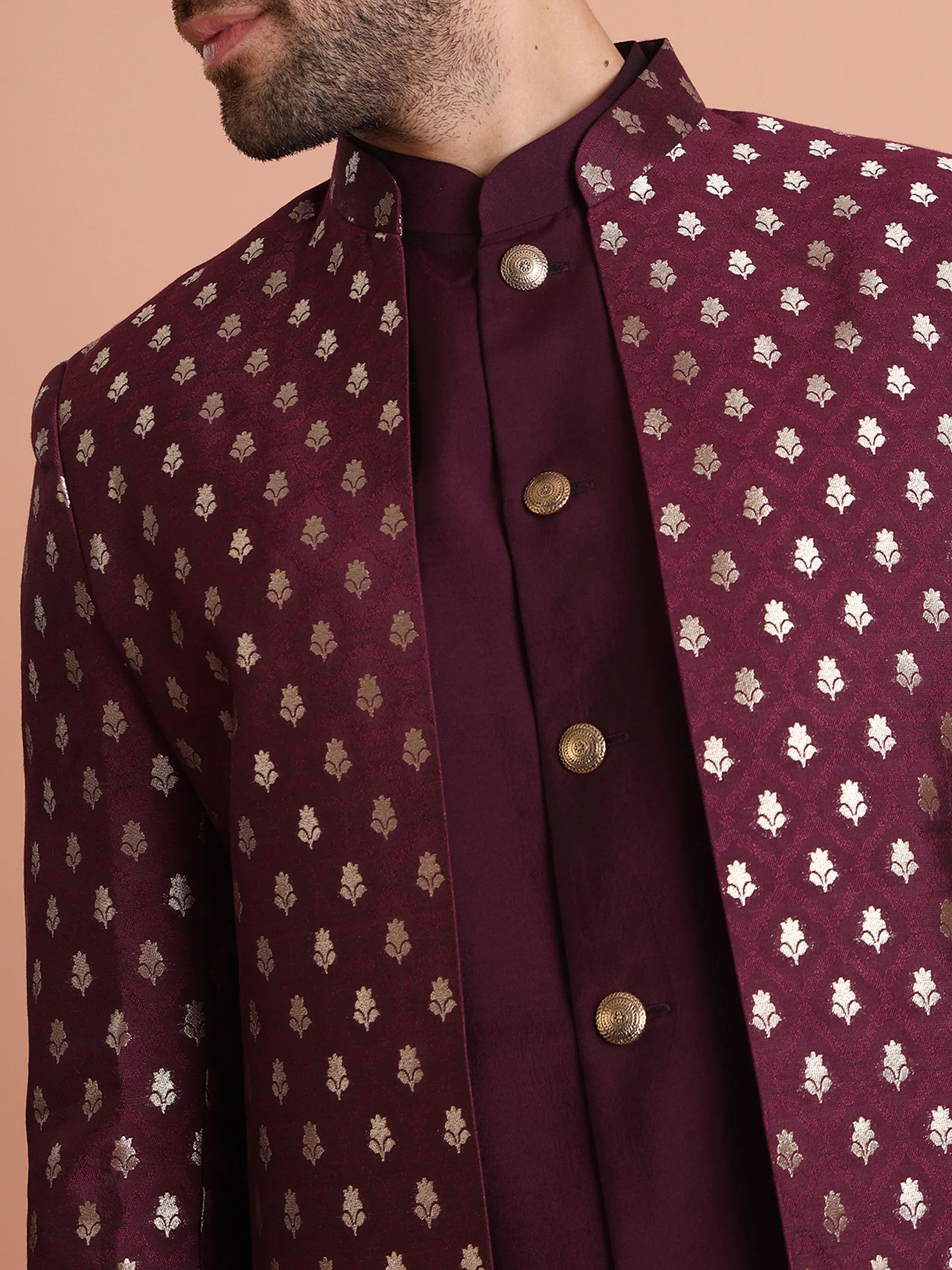 Men Maroon Woven Design Long Jacket Indo Western Trouser Set - Image 5
