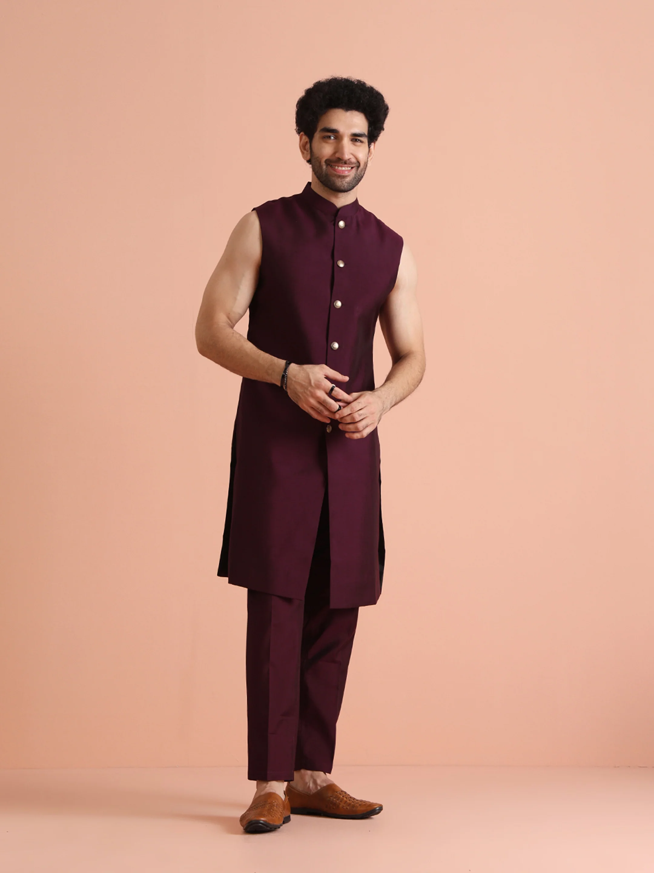 Men Maroon Woven Design Long Jacket Indo Western Trouser Set - Image 6