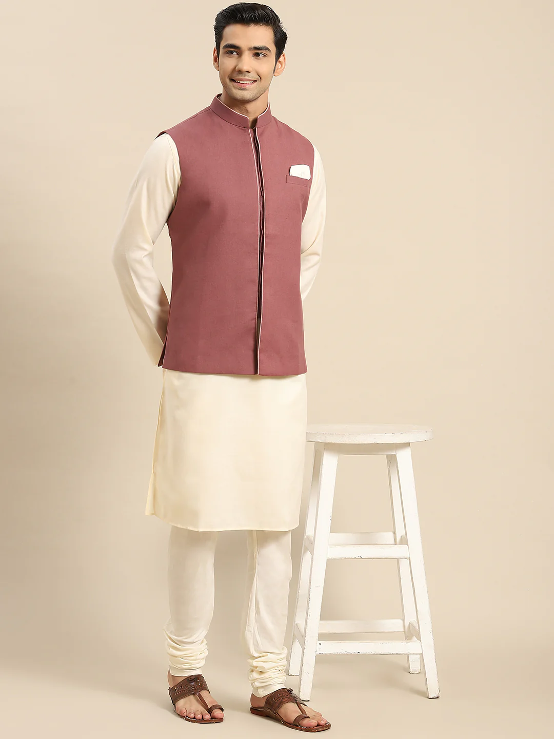 Men Mauve Kurta Jacket Set - Image 8